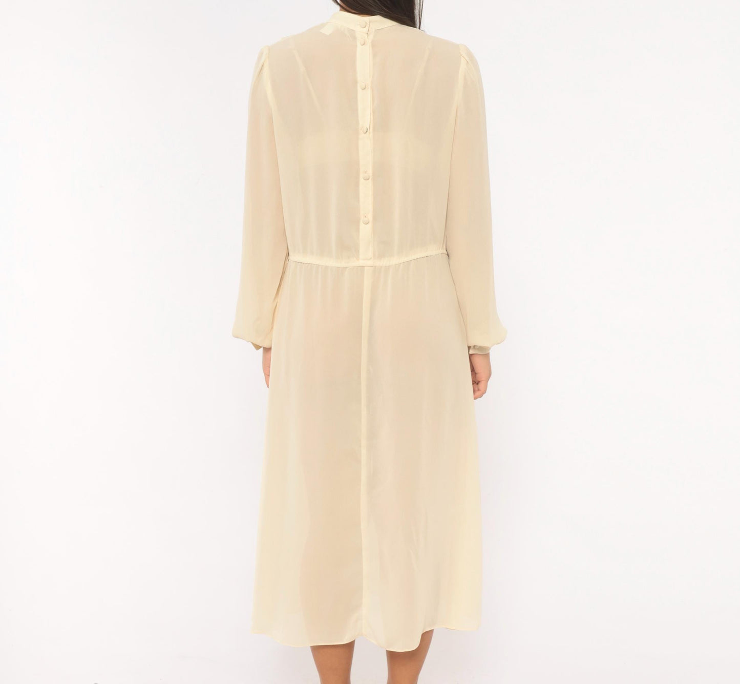 70s Jimmy Los Angeles Cream Chiffon Midi Dress Mandarin Collar Medium M