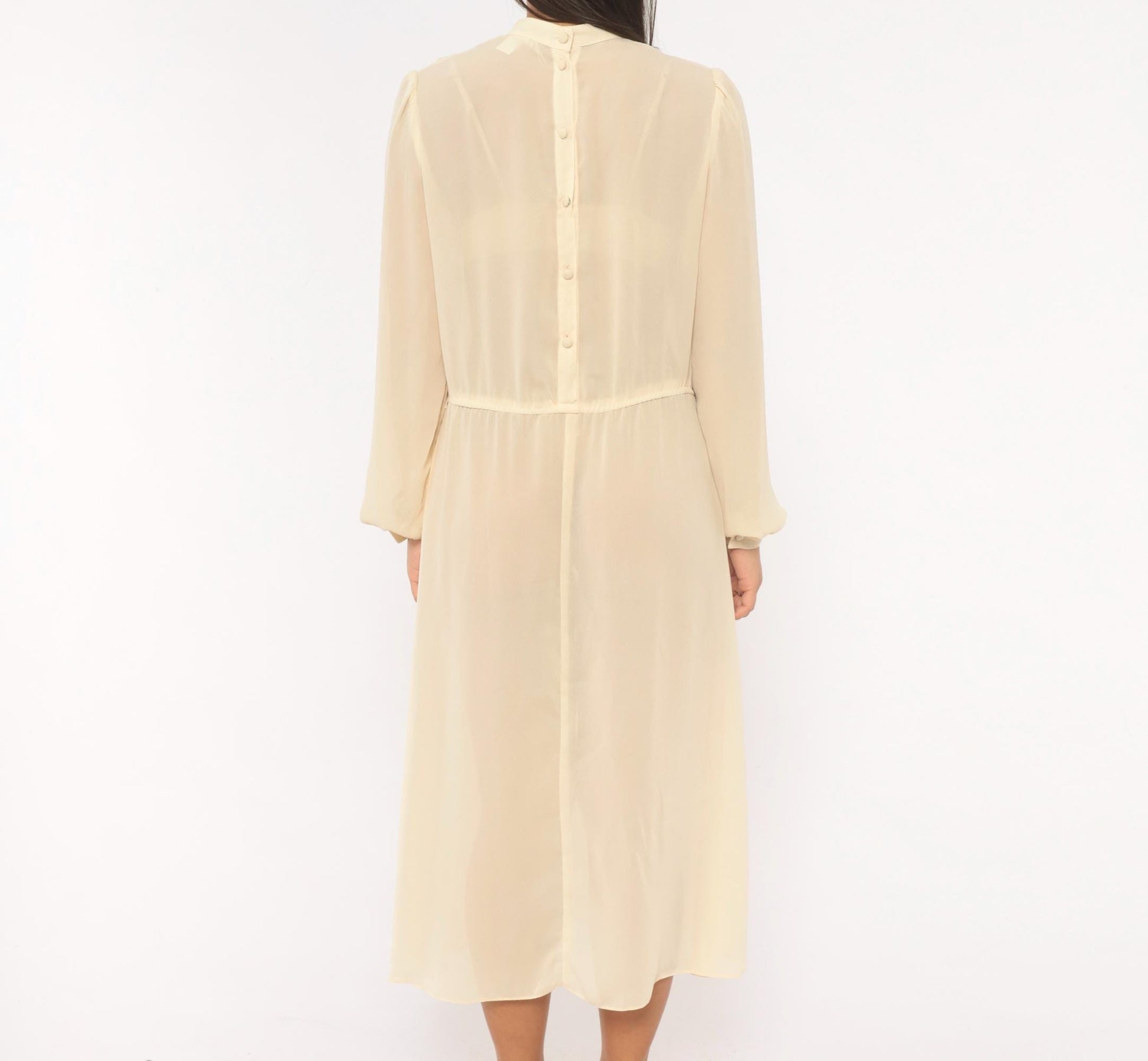70s Jimmy Los Angeles Cream Chiffon Midi Dress Mandarin Collar Medium M