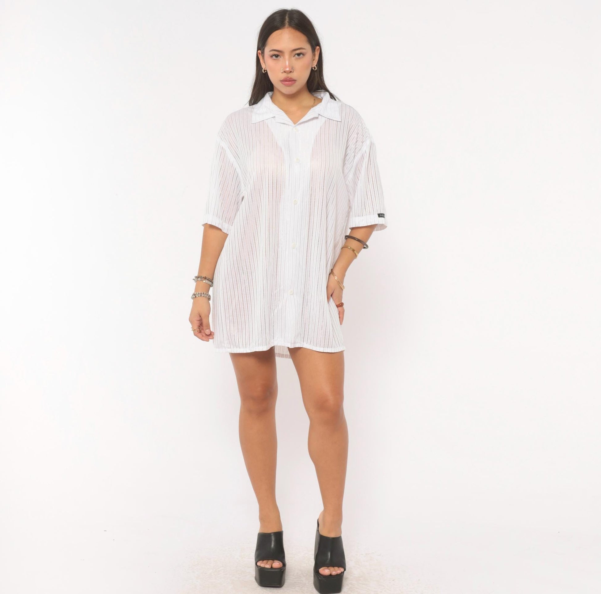 Y2K Solo White Striped Camp Collar Shirt Short Sleeve Plus Size 2X