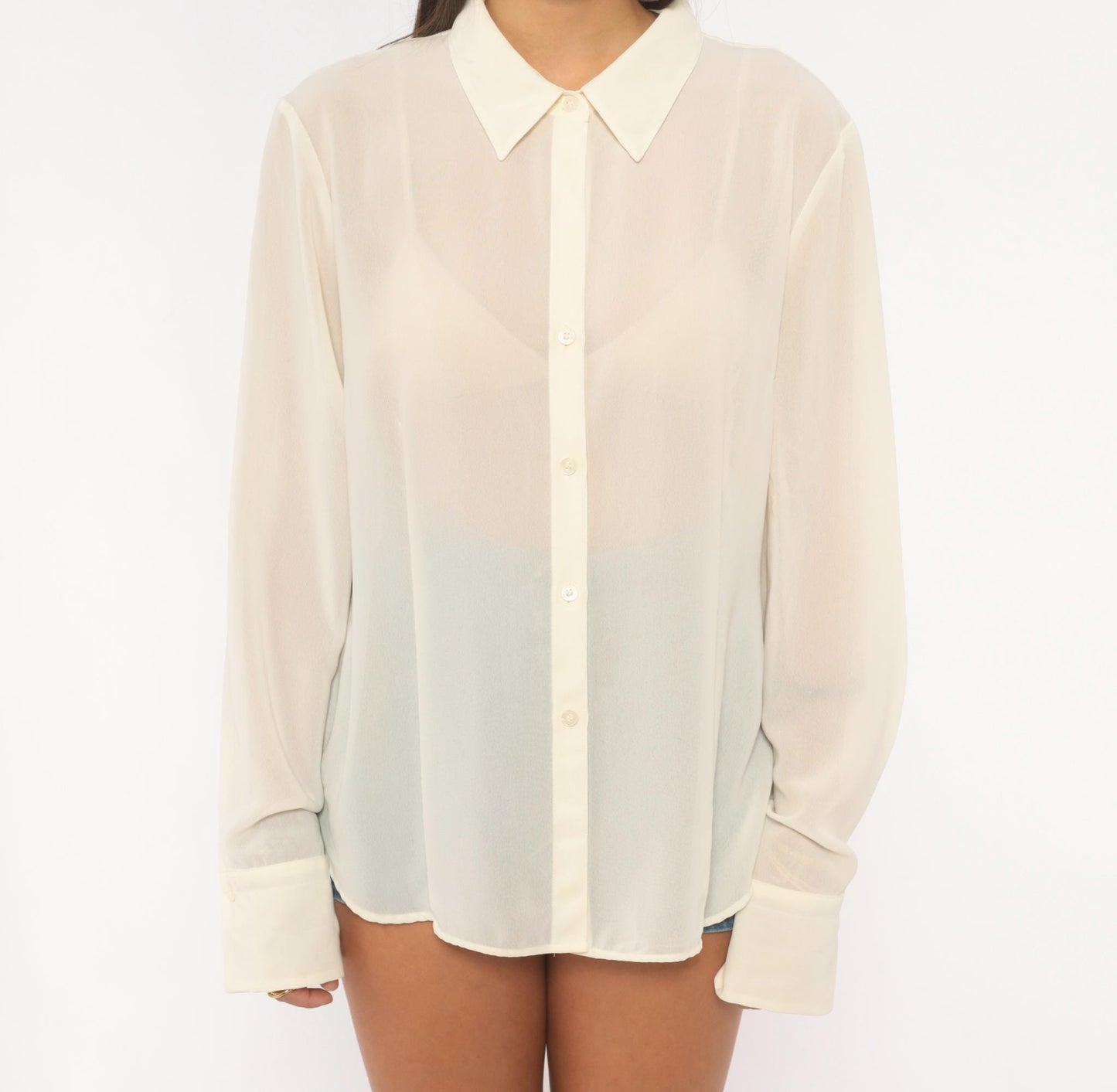 Y2K NY&Co Sheer Cream Button-Front Blouse Pointed Collar Long Sleeve Extra Large XL