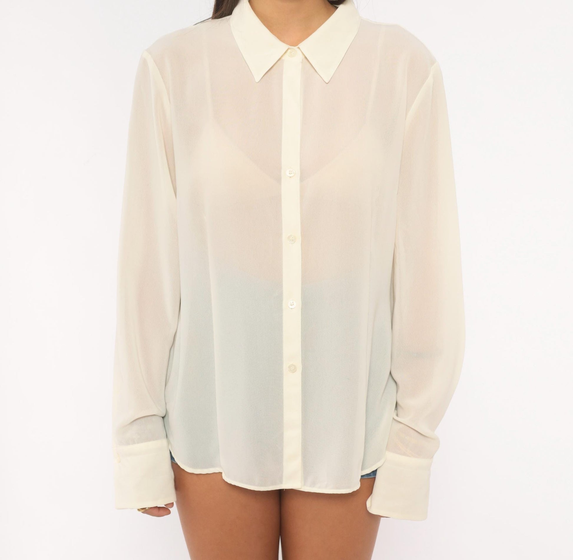 Y2K NY&Co Sheer Cream Button-Front Blouse Pointed Collar Long Sleeve Extra Large XL