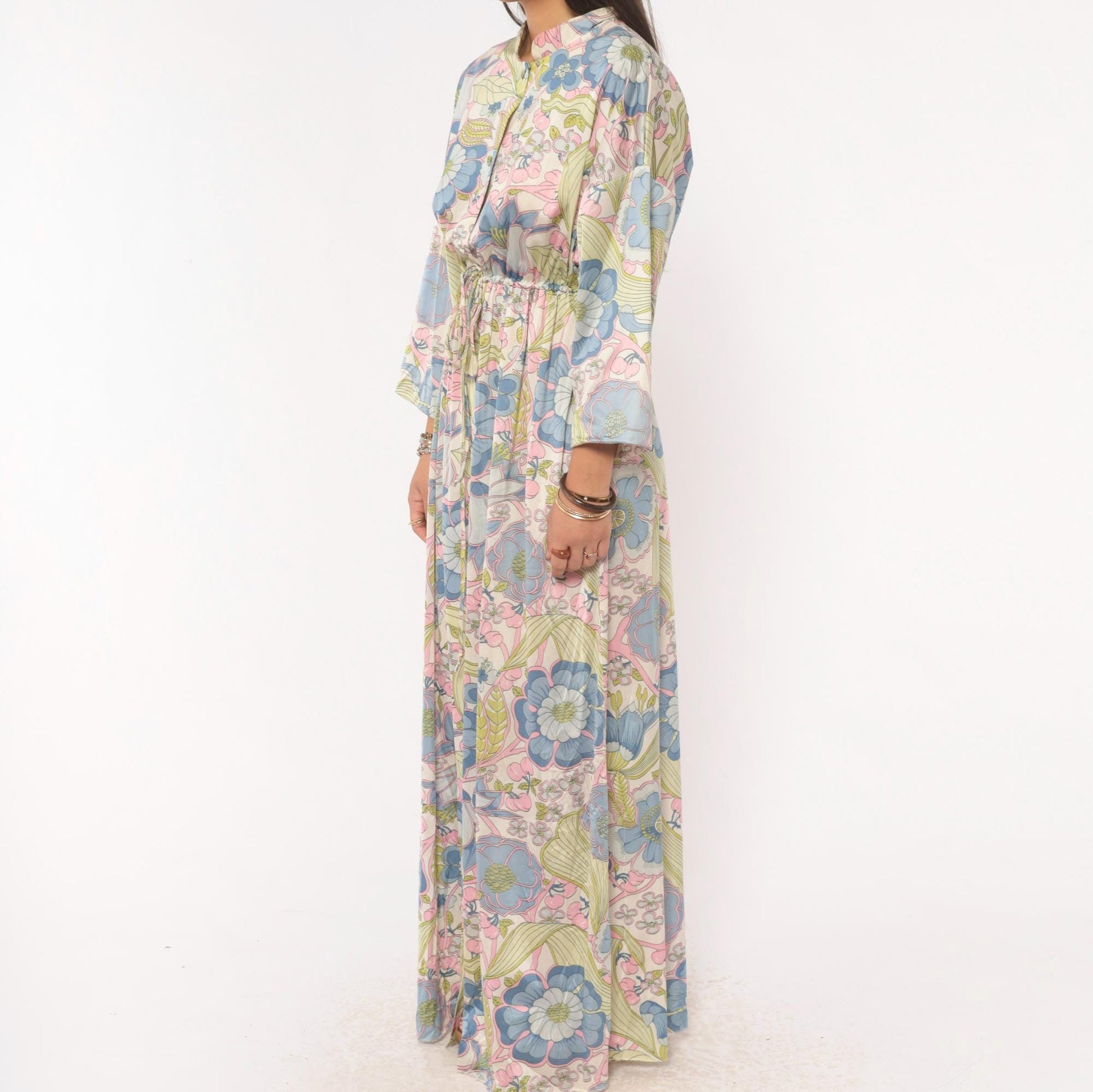 70s Vanity Fair Psychedelic Floral Maxi Dress Nylon Kimono Sleeve Medium