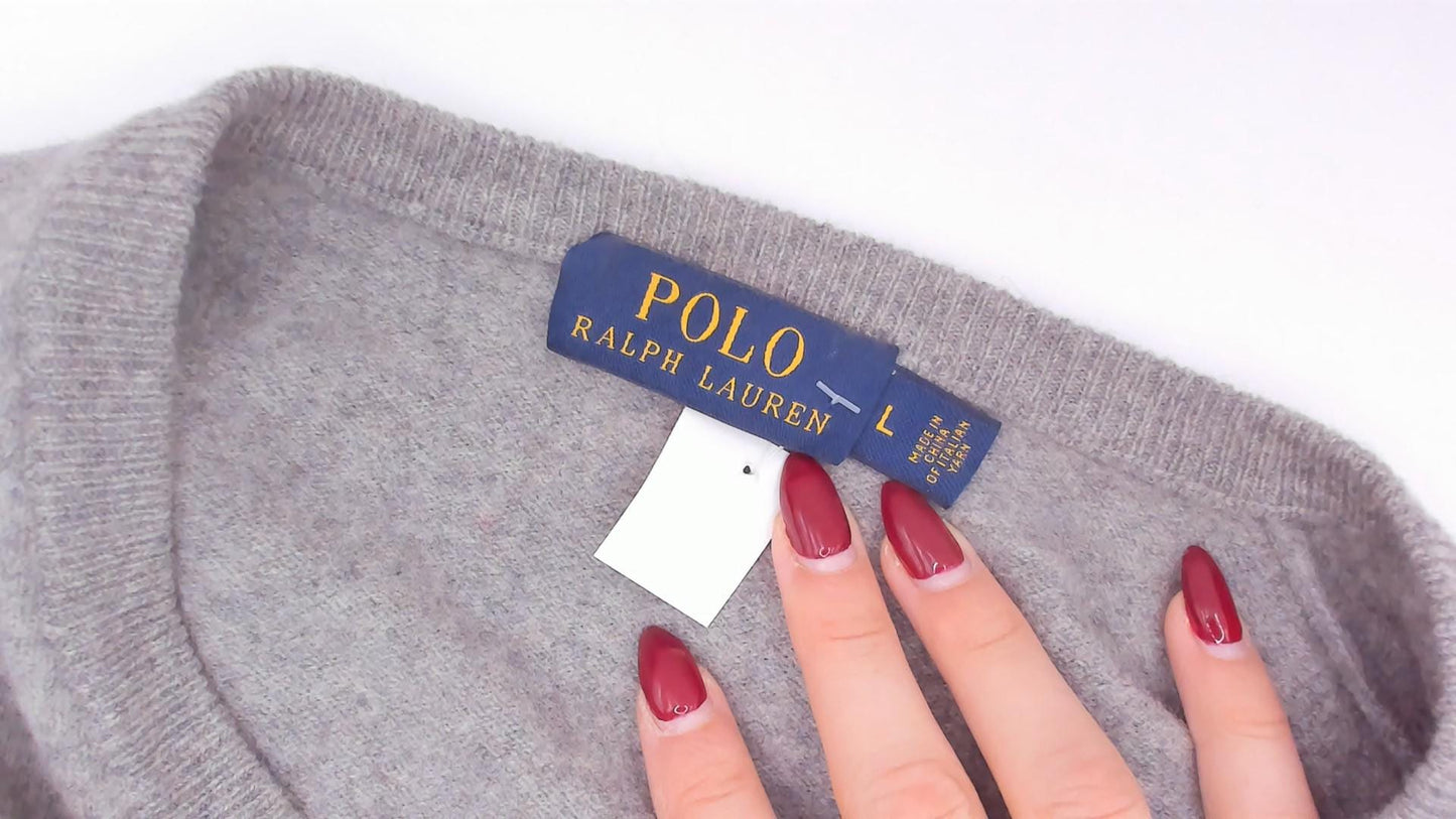 Y2K Ralph Lauren Grey Merino Wool V-Neck Sweater Distressed Large L