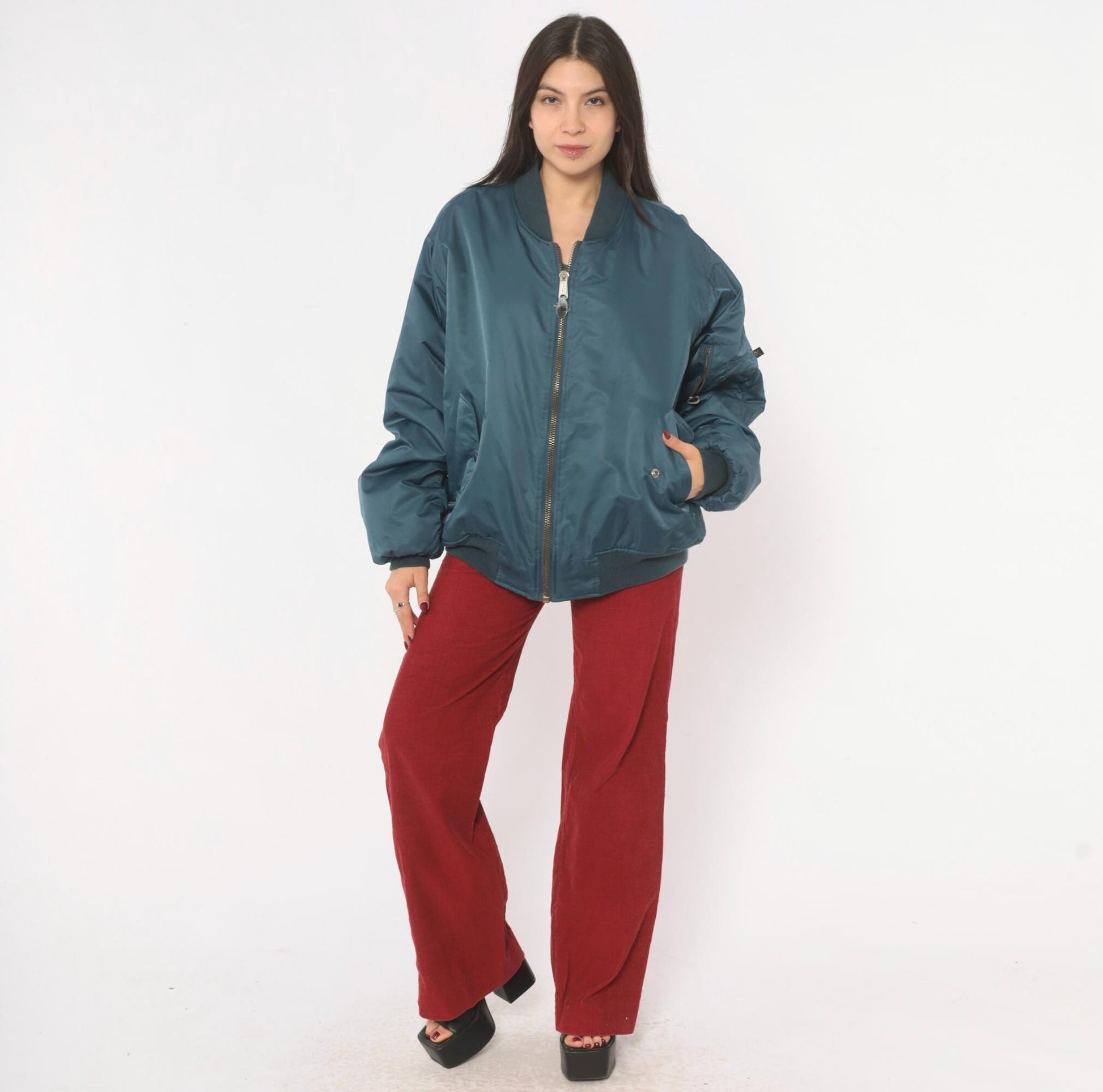 90s Rothco MA-1 Bomber Jacket Slate Blue Reversible Orange Flight Coat Large L