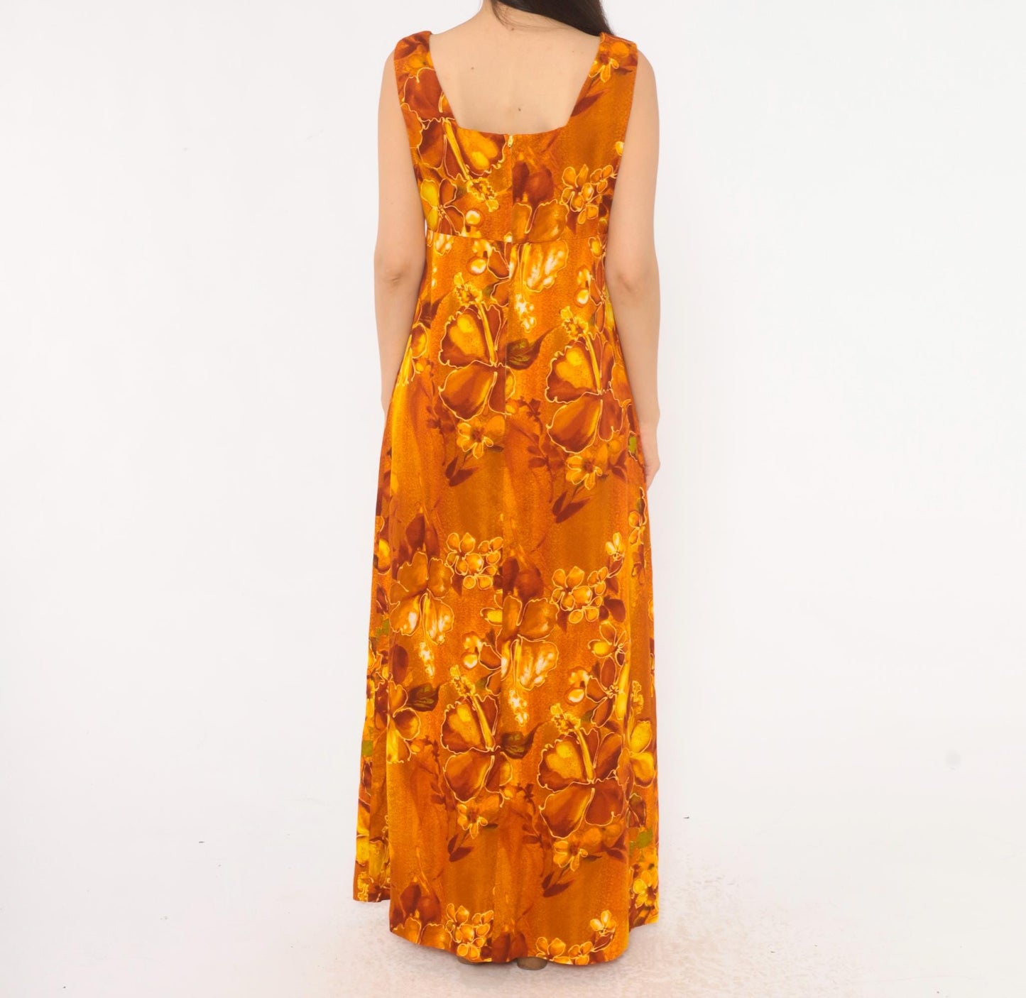 70s Kawika of Hawaii Maxi Dress Orange Floral Empire Waist Medium