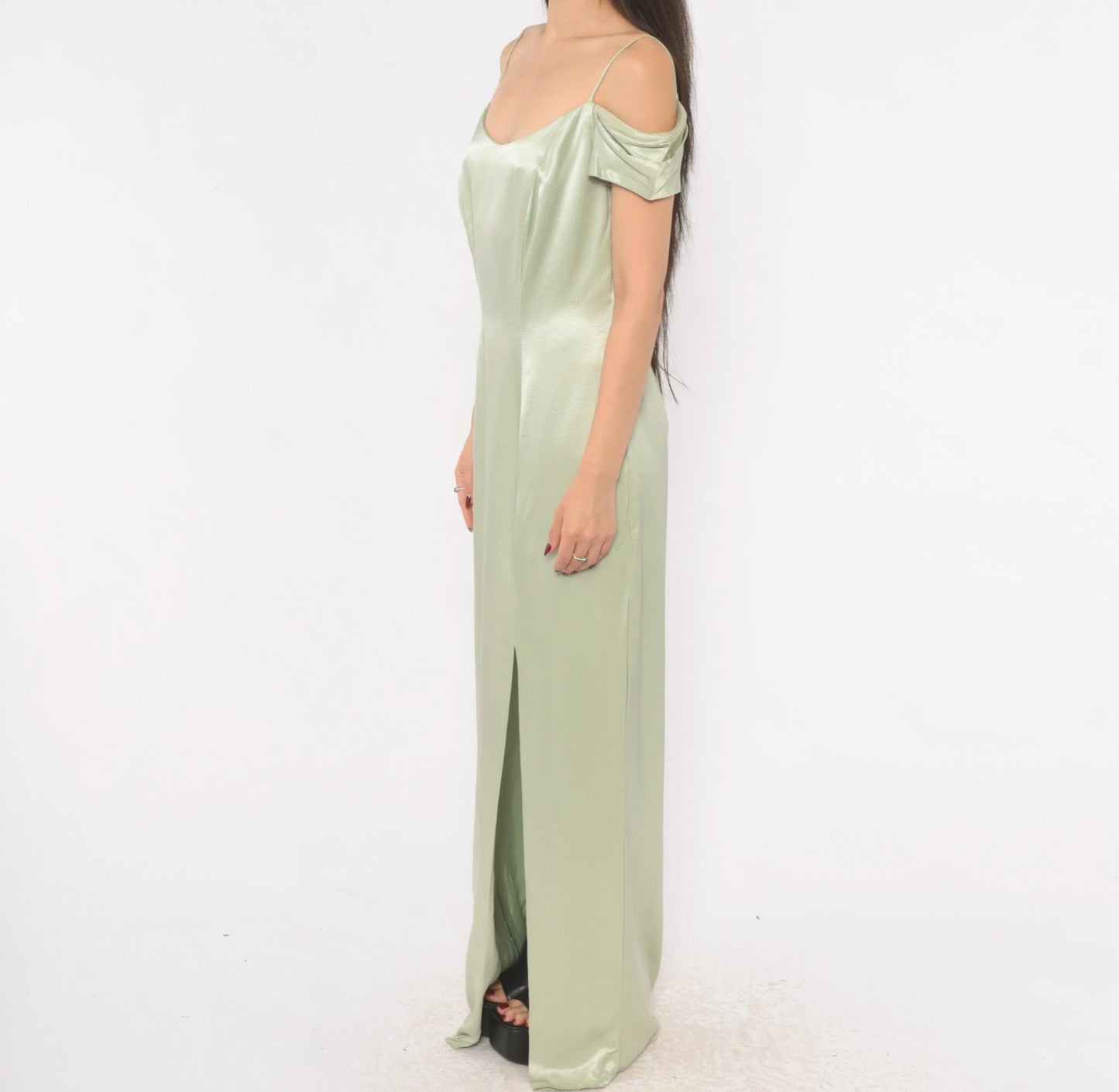 90s Bill Levkoff Sage Green Cold Shoulder Maxi Gown Medium M