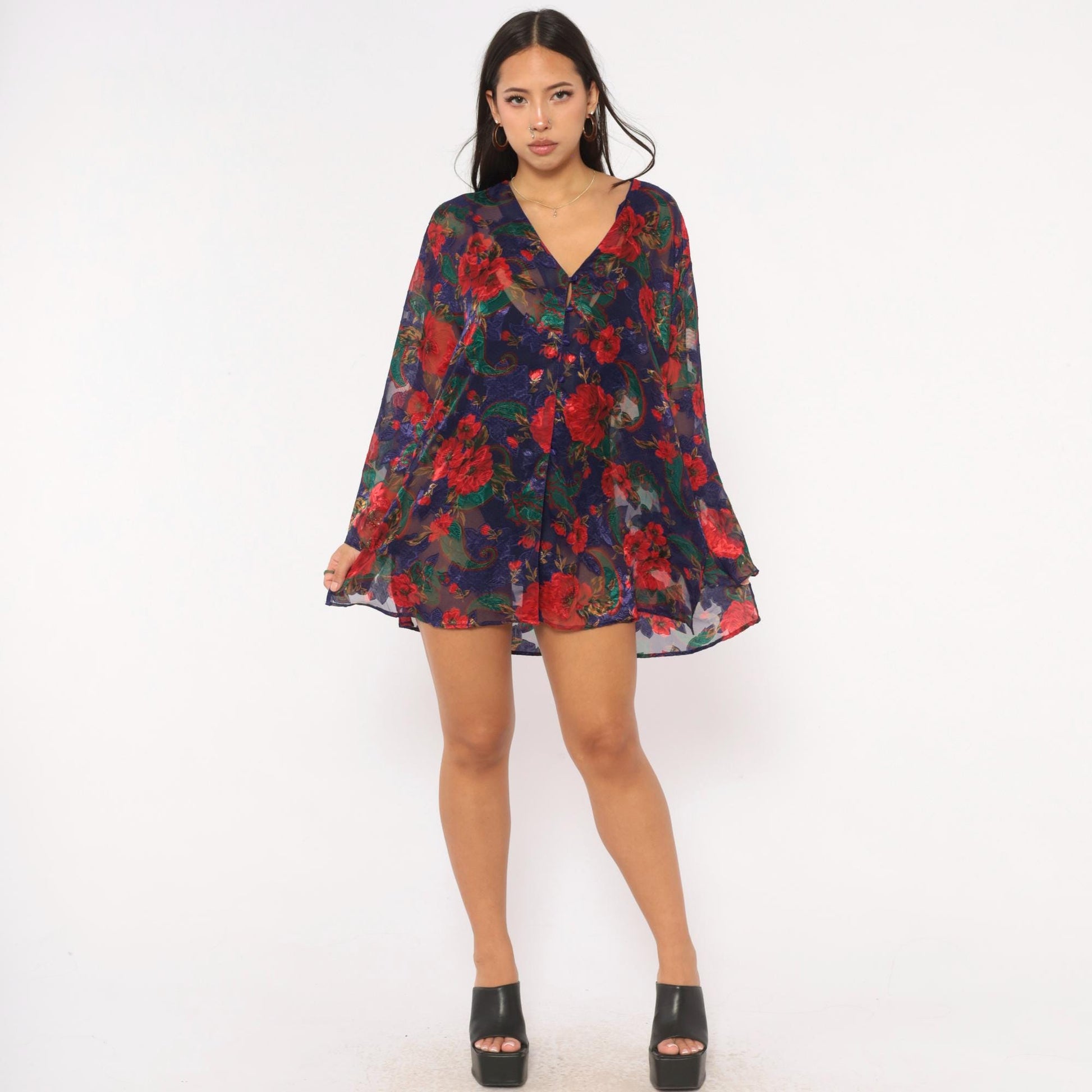 90s Victoria's Secret Sheer Robe Navy Red Floral Bell Sleeve Button Front Medium