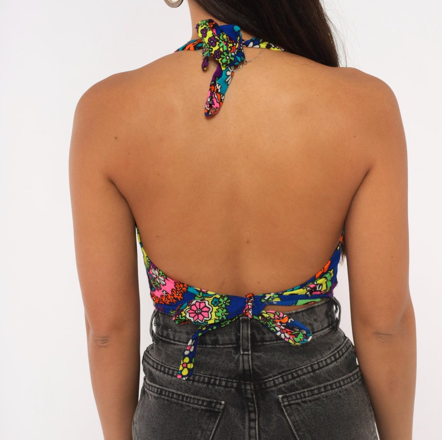 70s Psychedelic Floral Halter Crop Top Tie Back Backless Medium