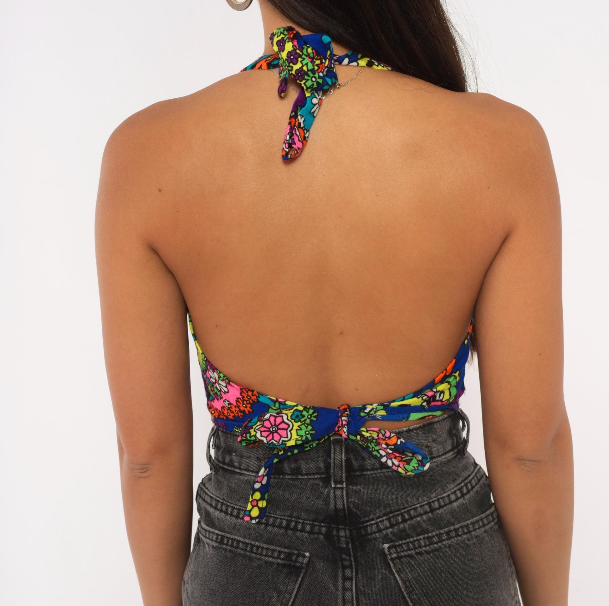 70s Psychedelic Floral Halter Crop Top Tie Back Backless Medium