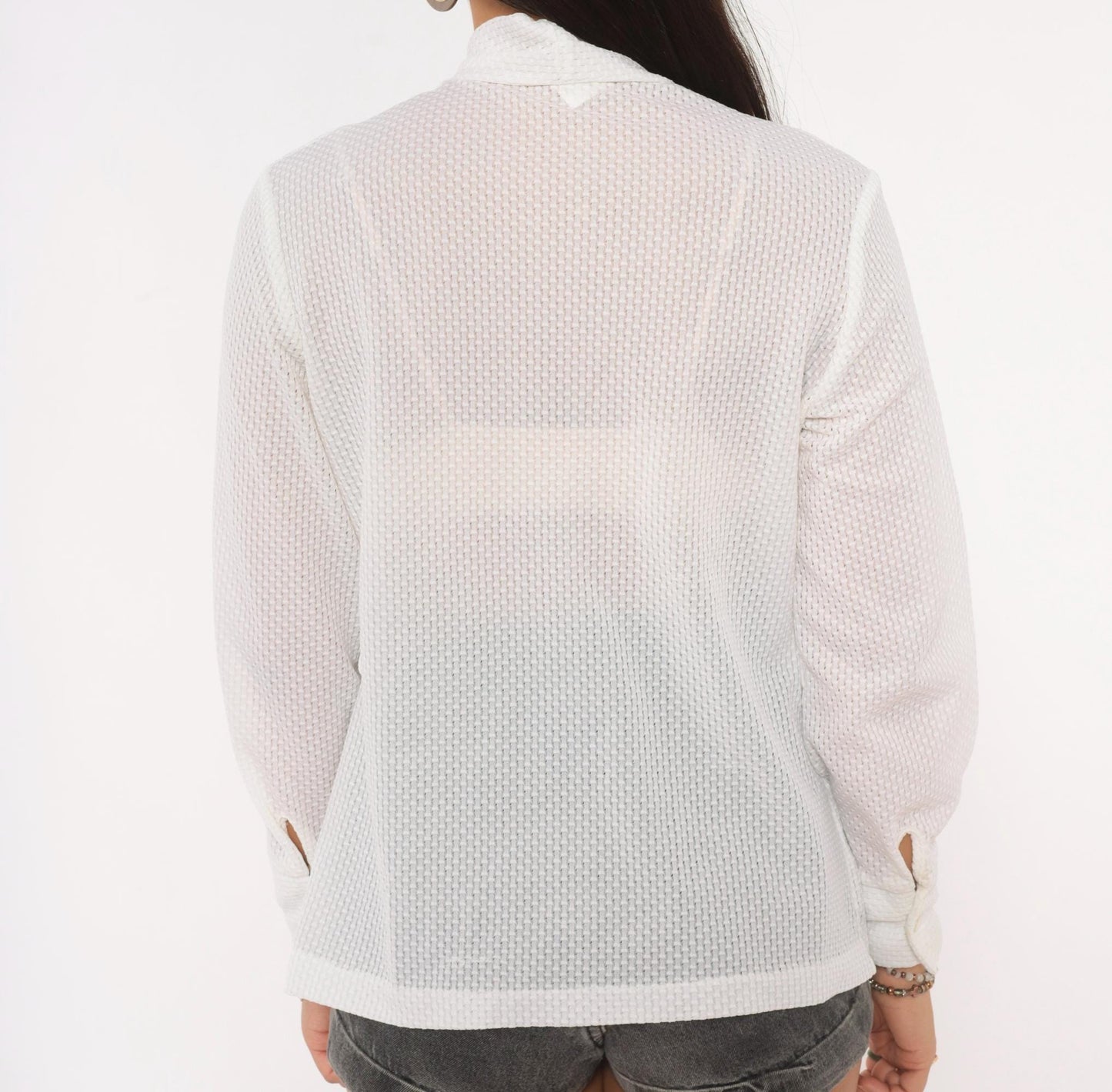 70s White Ascot Bow Blouse Sheer Bishop Sleeve Button Front Medium