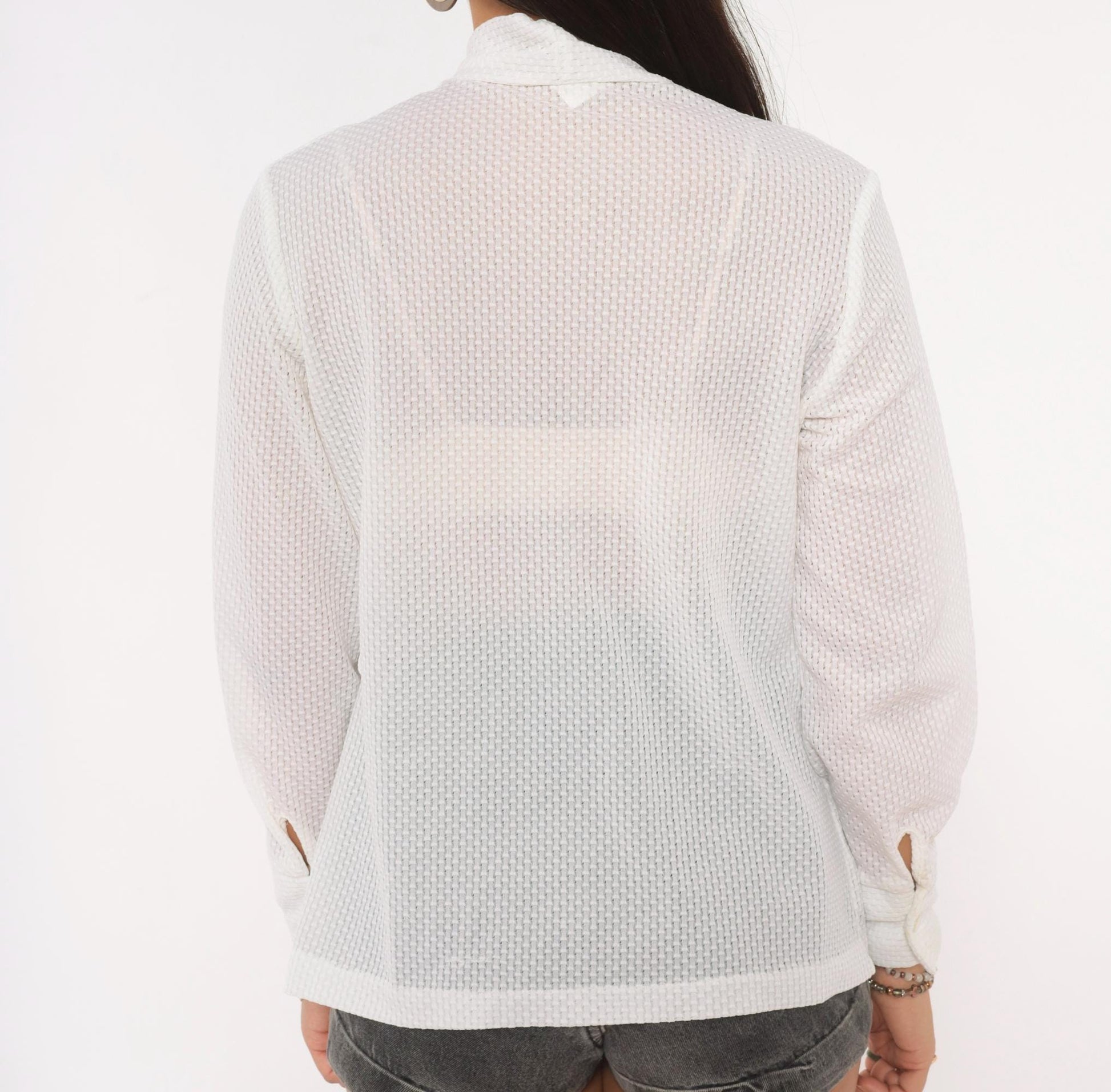 70s White Ascot Bow Blouse Sheer Bishop Sleeve Button Front Medium