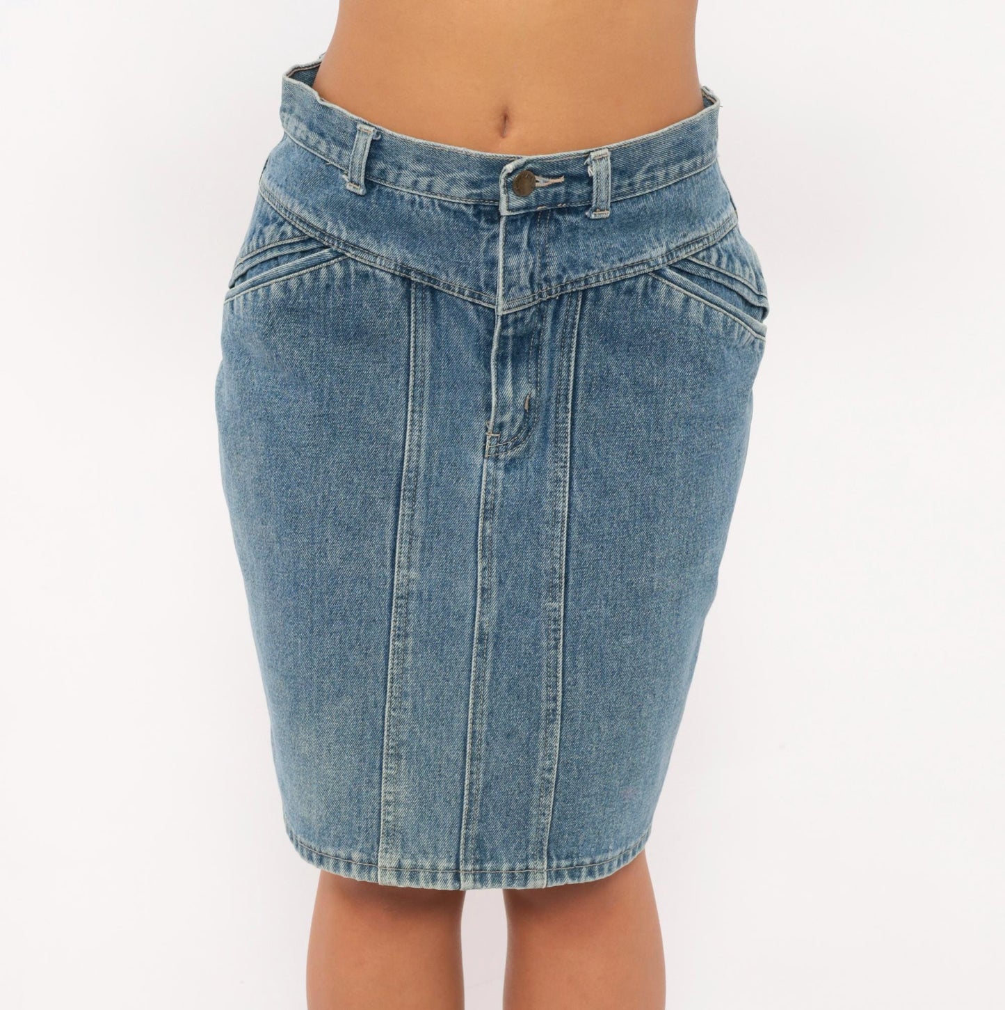 90s Stefano Denim Pencil Skirt High Waist Paneled Seam Blue Cotton Medium M