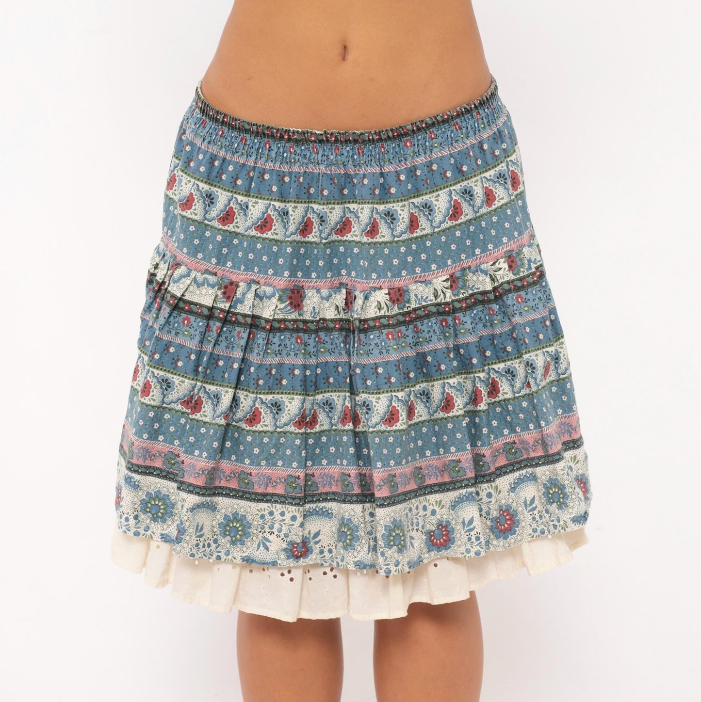 90s New Girls' Generation Tiered Prairie Skirt Blue Burgundy Floral Large L