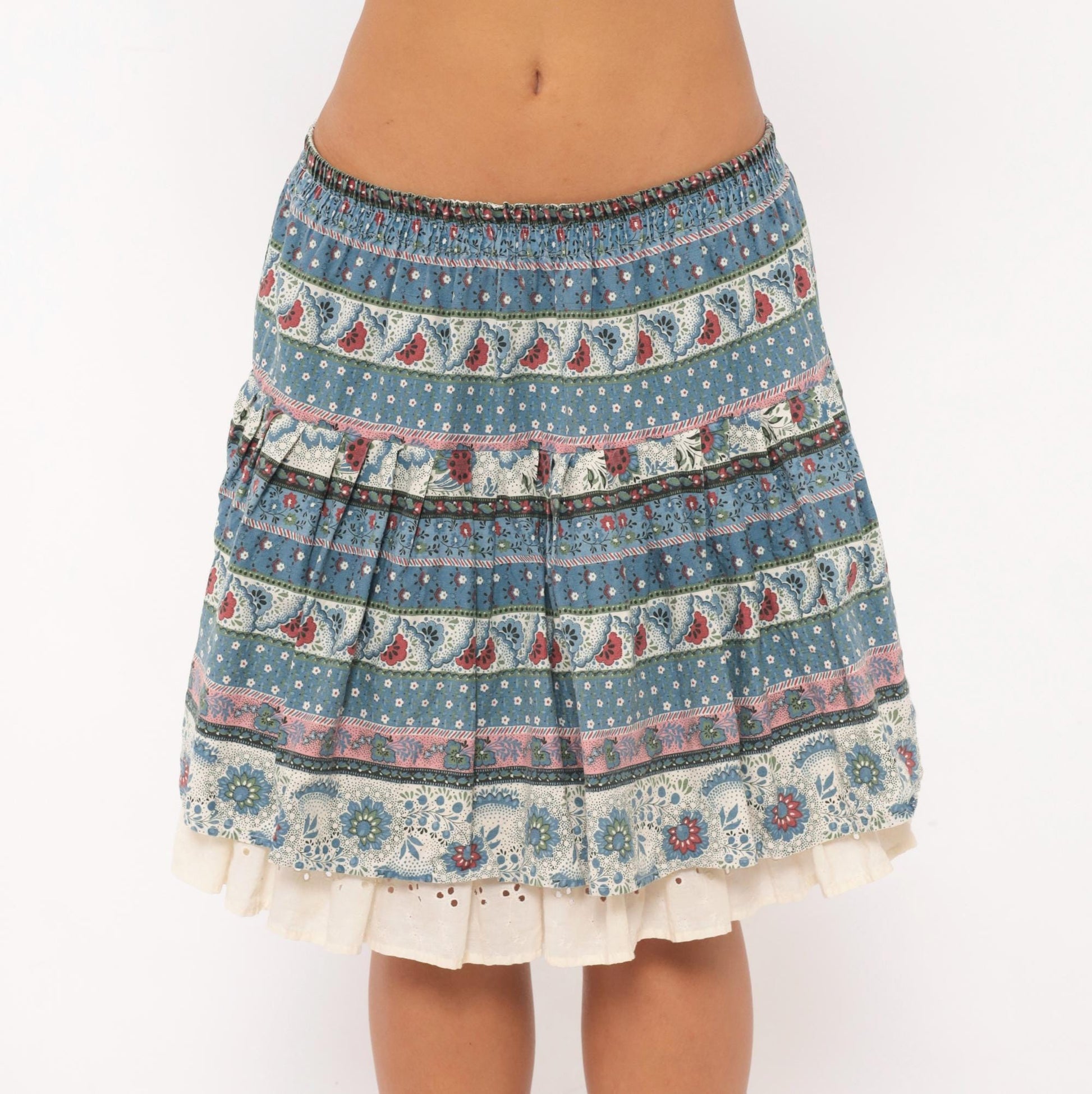 90s New Girls' Generation Tiered Prairie Skirt Blue Burgundy Floral Large L