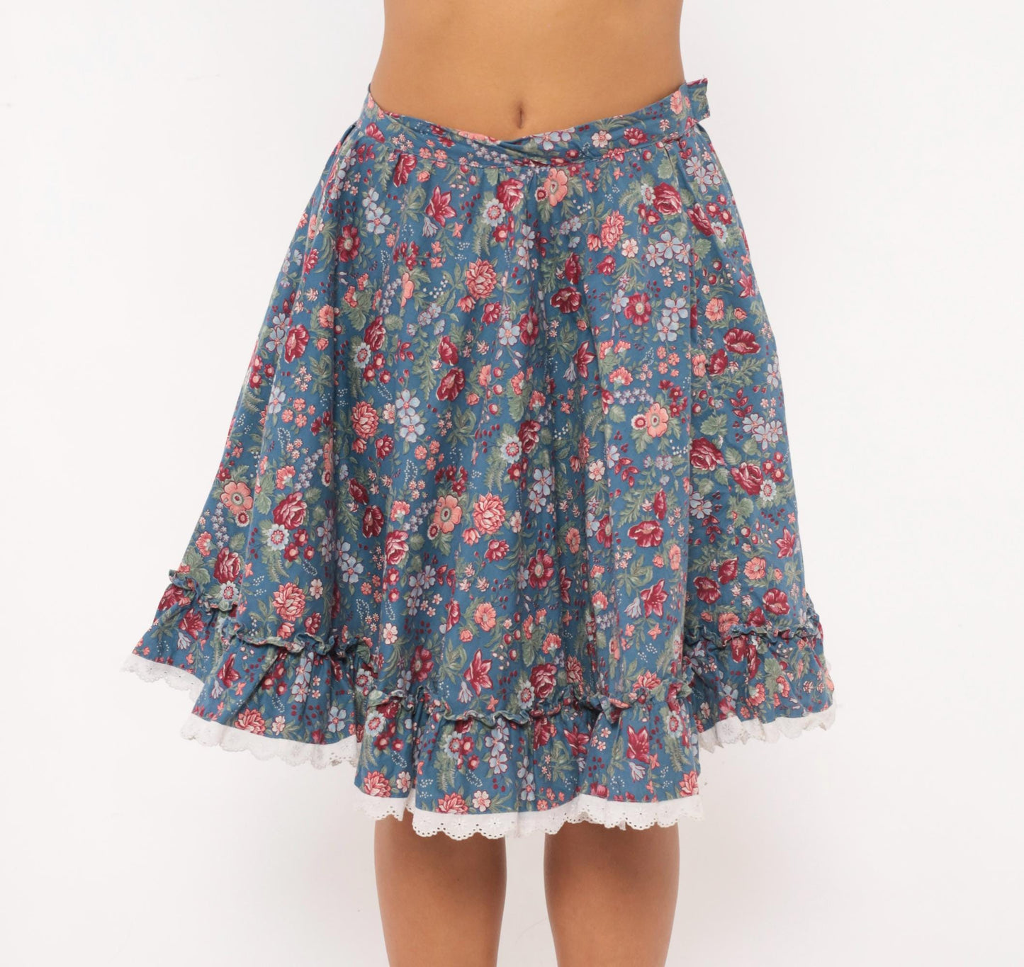 80s Dusty Blue Floral Circle Skirt Cotton Ruffled Lace Trim Small S