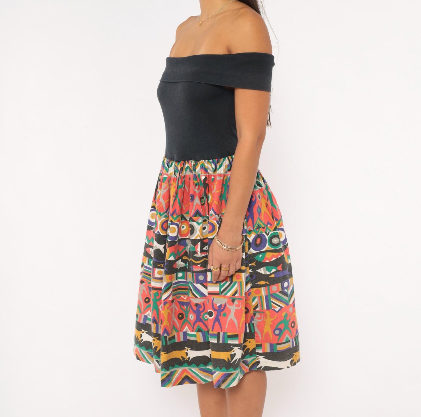 90s Victoria Off-Shoulder Dress Black Multicolor Fish Print Knee-Length Small S