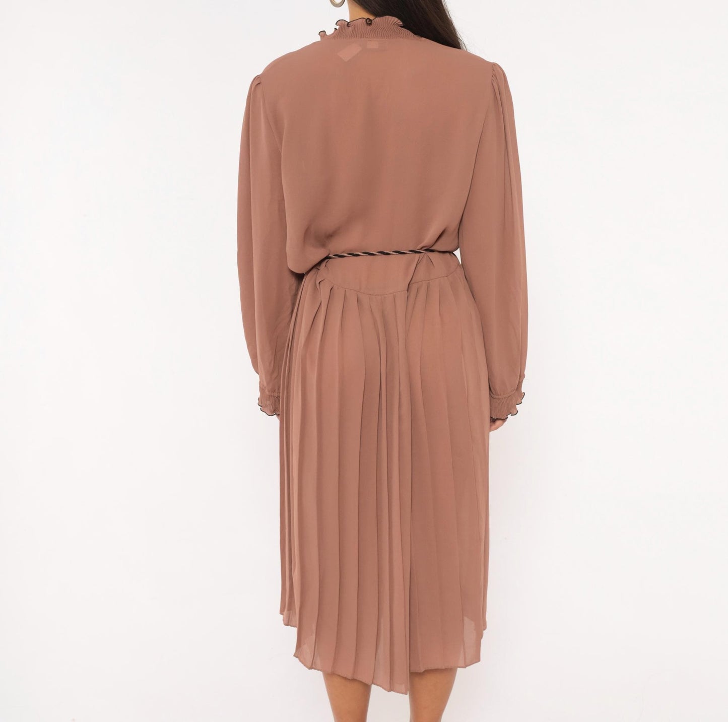 80s Cobina Mauve Pleated Dress Ruffled Collar V-Neck Blouson Sleeve Extra Large XL
