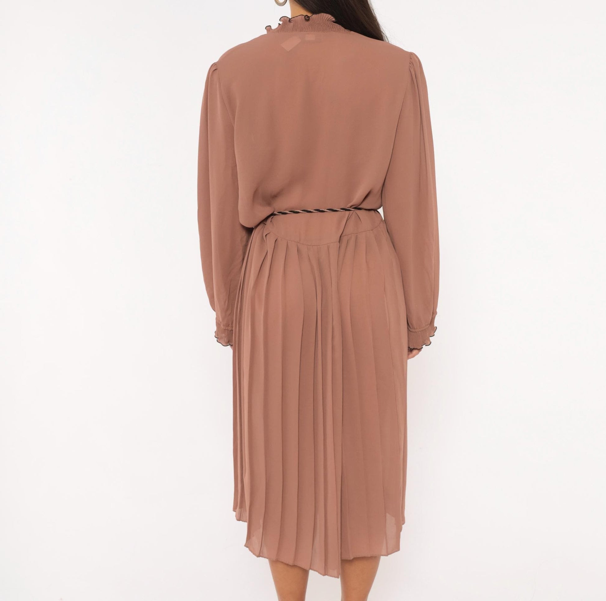 80s Cobina Mauve Pleated Dress Ruffled Collar V-Neck Blouson Sleeve Extra Large XL