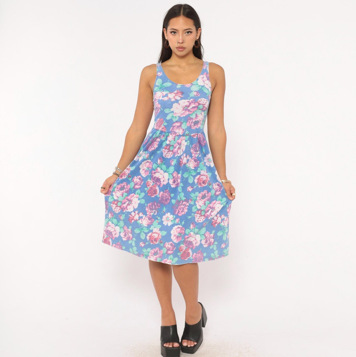 80s Periwinkle Floral Sundress Rose Print Gathered Skirt Knee Length XS