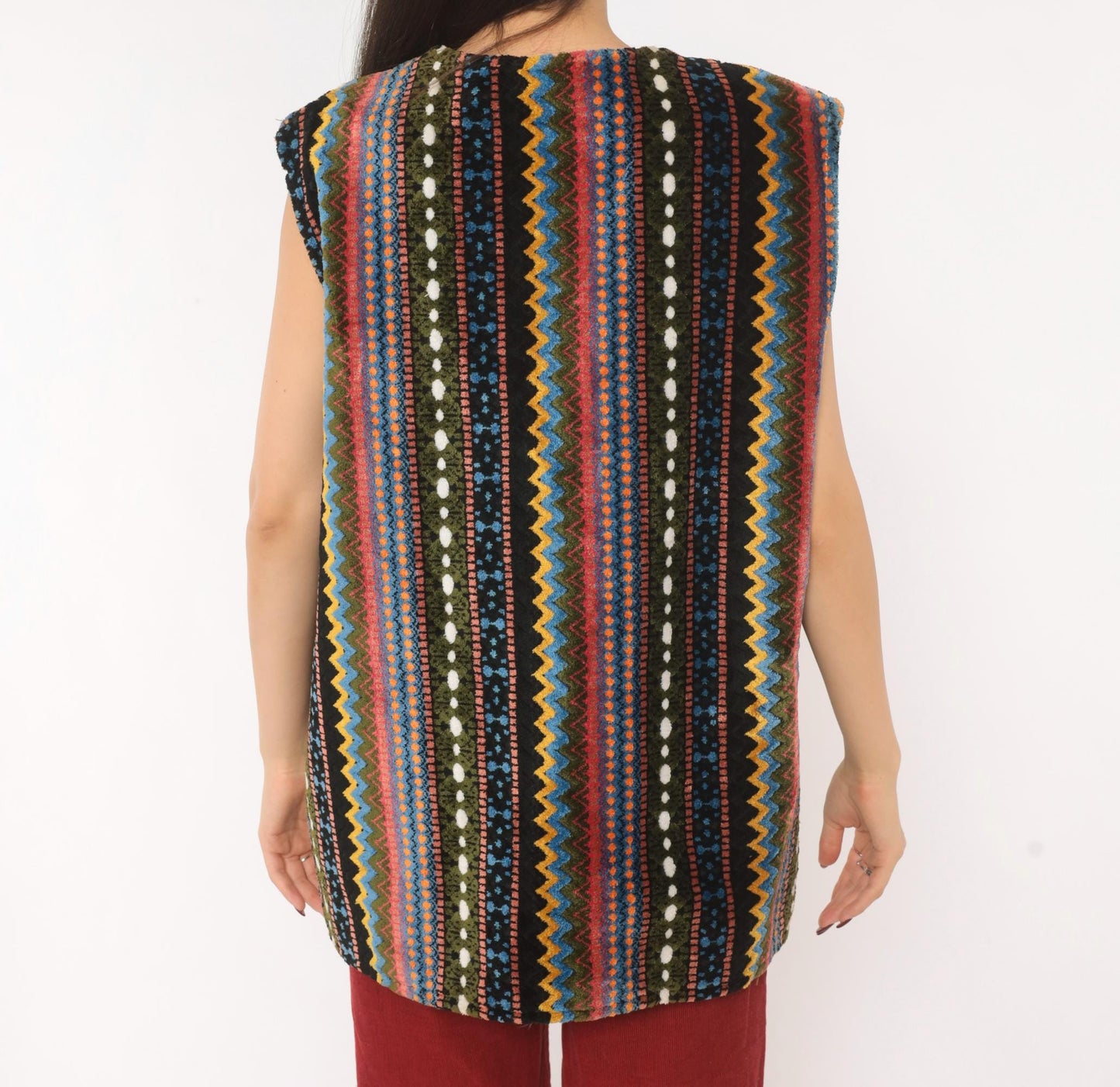 70s Chenille Tapestry Vest Multicolor Zigzag Stripe Lace-Up Tunic Large L