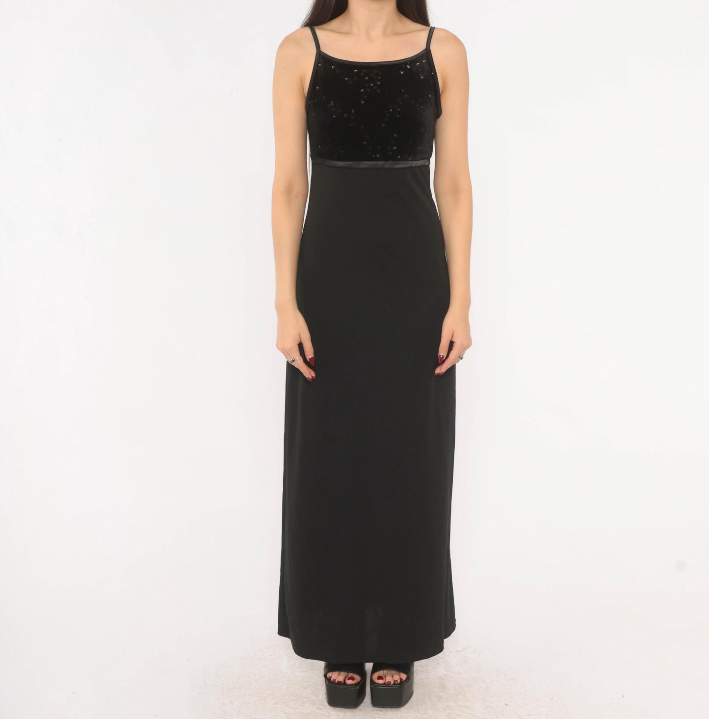 2000s I.N. San Francisco Black Velvet Maxi Dress Empire Waist Spaghetti Strap Small