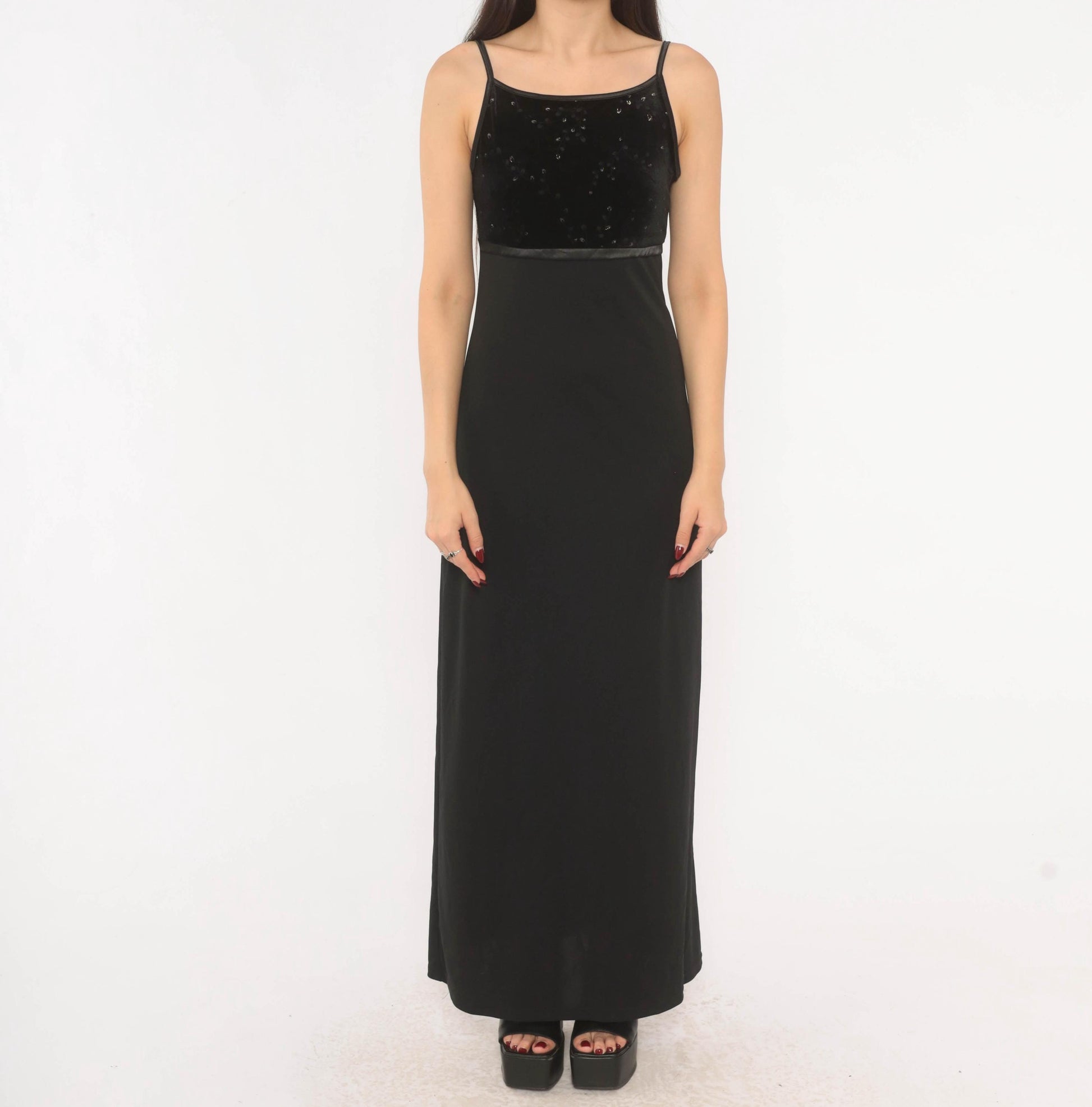 2000s I.N. San Francisco Black Velvet Maxi Dress Empire Waist Spaghetti Strap Small