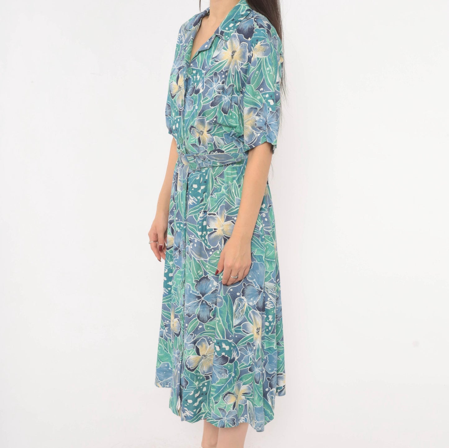 80s Elinor Carolina Maid Tropical Floral Shirtdress Blue Midi Medium