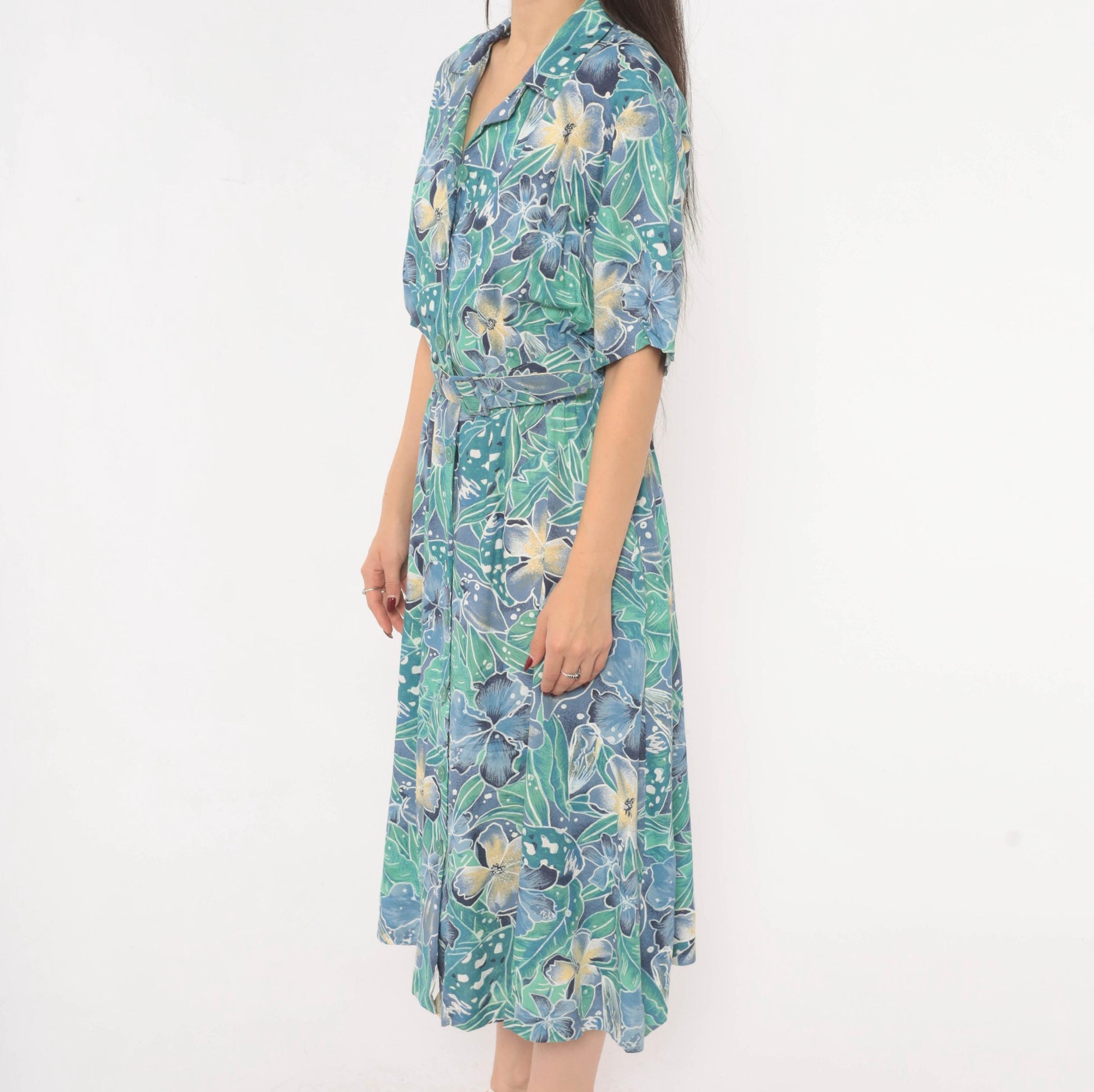 80s Elinor Carolina Maid Tropical Floral Shirtdress Blue Midi Medium
