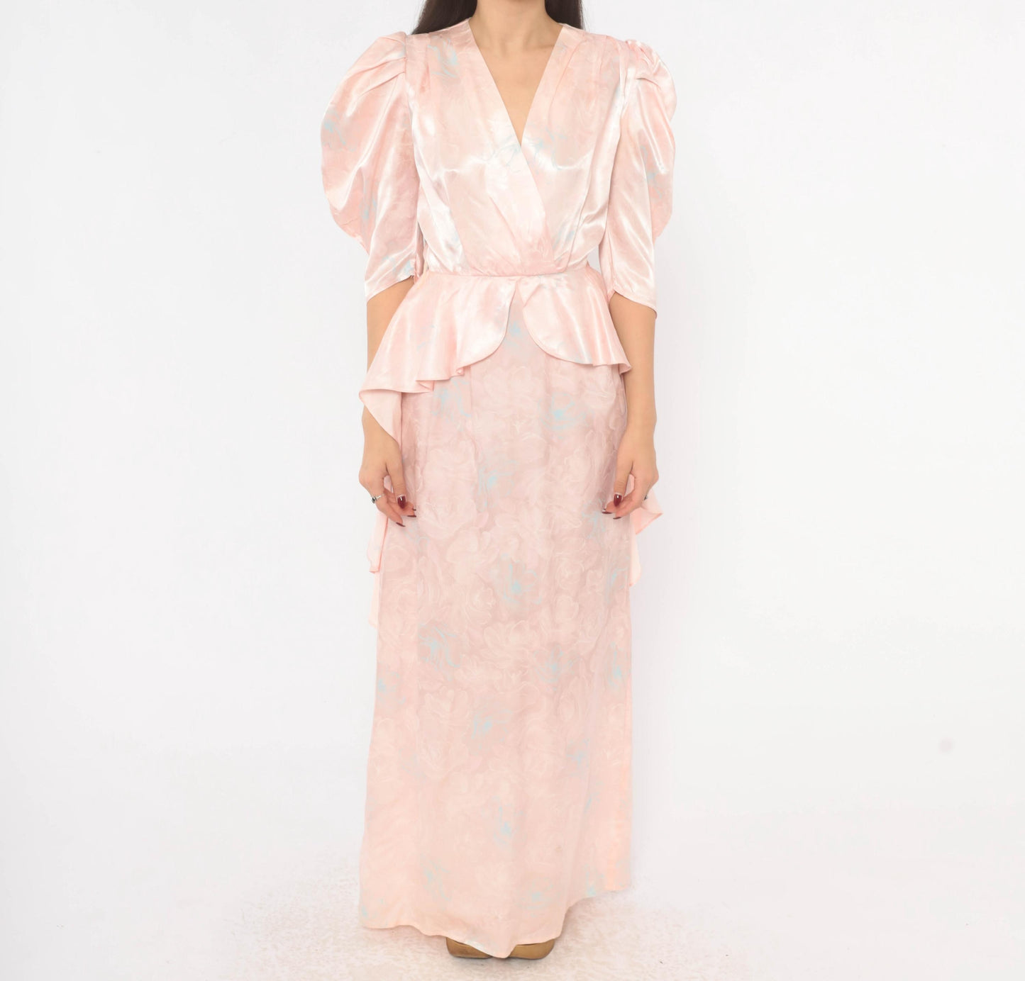 80s Zum Zum Puff Sleeve Maxi Gown Blush Pink Jacquard Floral Extra Small XS