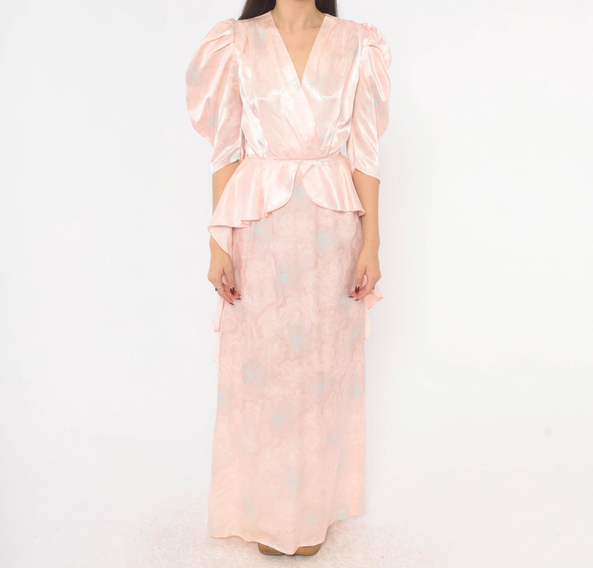 80s Zum Zum Puff Sleeve Maxi Gown Blush Pink Jacquard Floral Extra Small XS