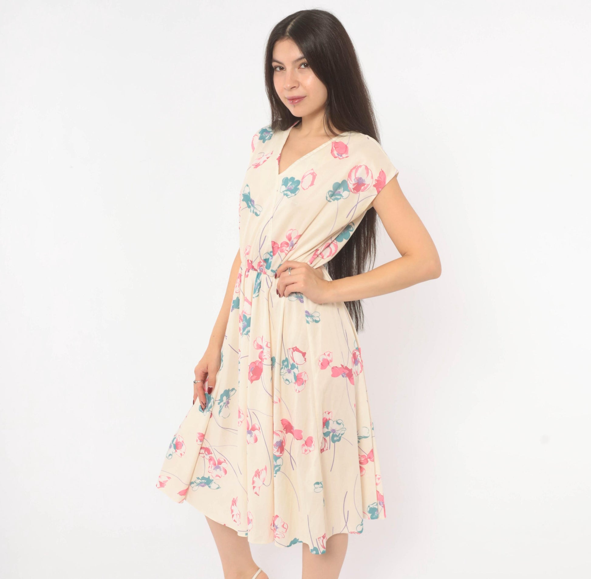 80s Floral Wrap Dress Cream Pink Teal Cap Sleeve Knee Length Medium