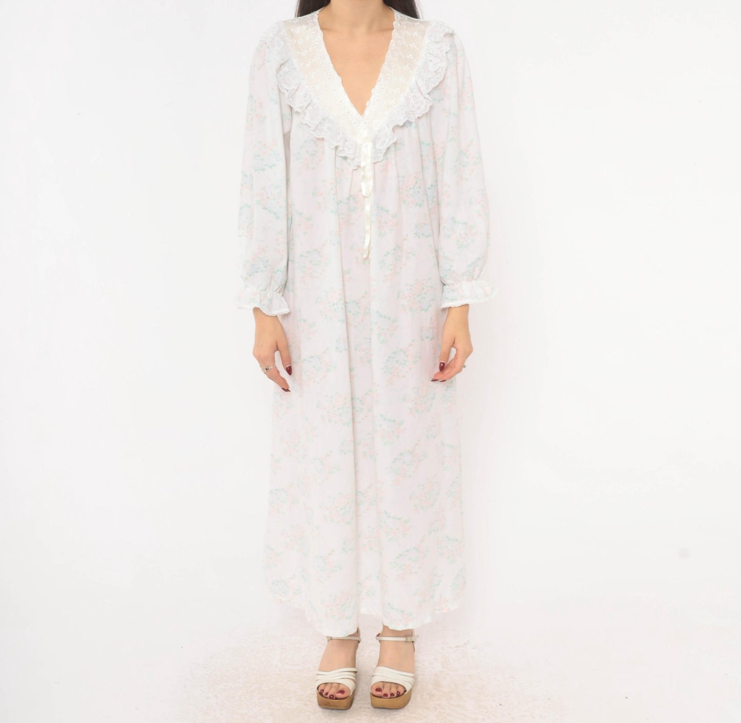 90s Gilligan O'Malley Floral Maxi Robe Puff Sleeve Eyelet Collar Pink Teal Medium M