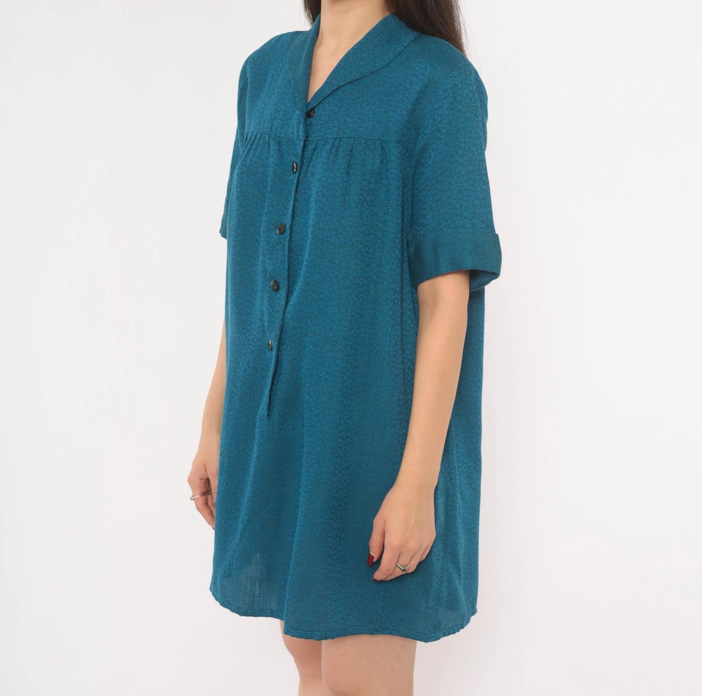 60s Royal Dry Goods Mod Shift Dress Teal Button Front Cotton Medium M