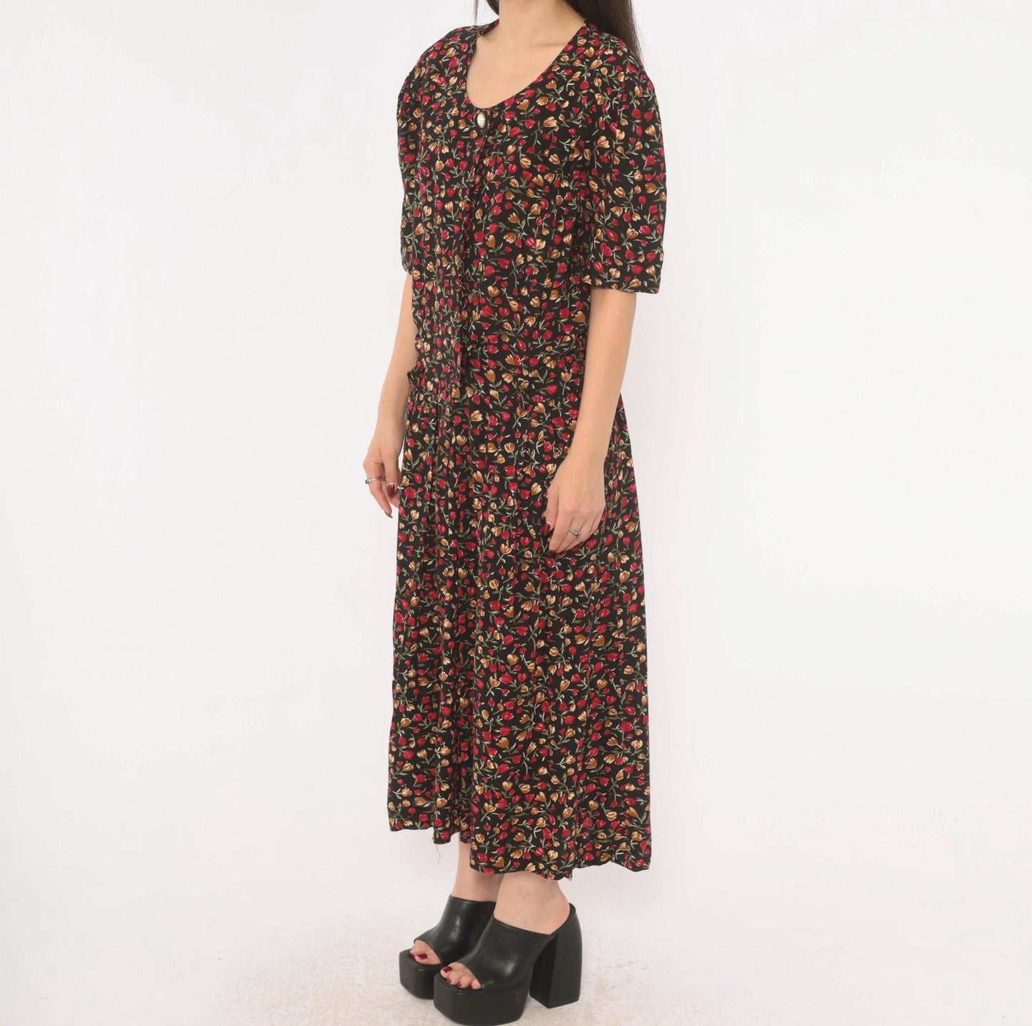 90s Periwinkle Black Tulip Maxi Dress Red Floral Puff Sleeve Plus Size XXL
