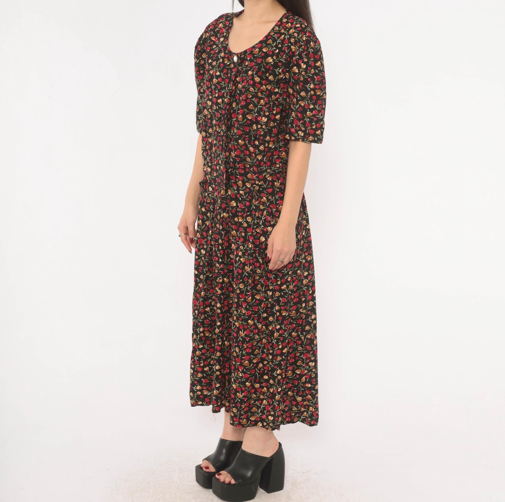 90s Periwinkle Black Tulip Maxi Dress Red Floral Puff Sleeve Plus Size XXL