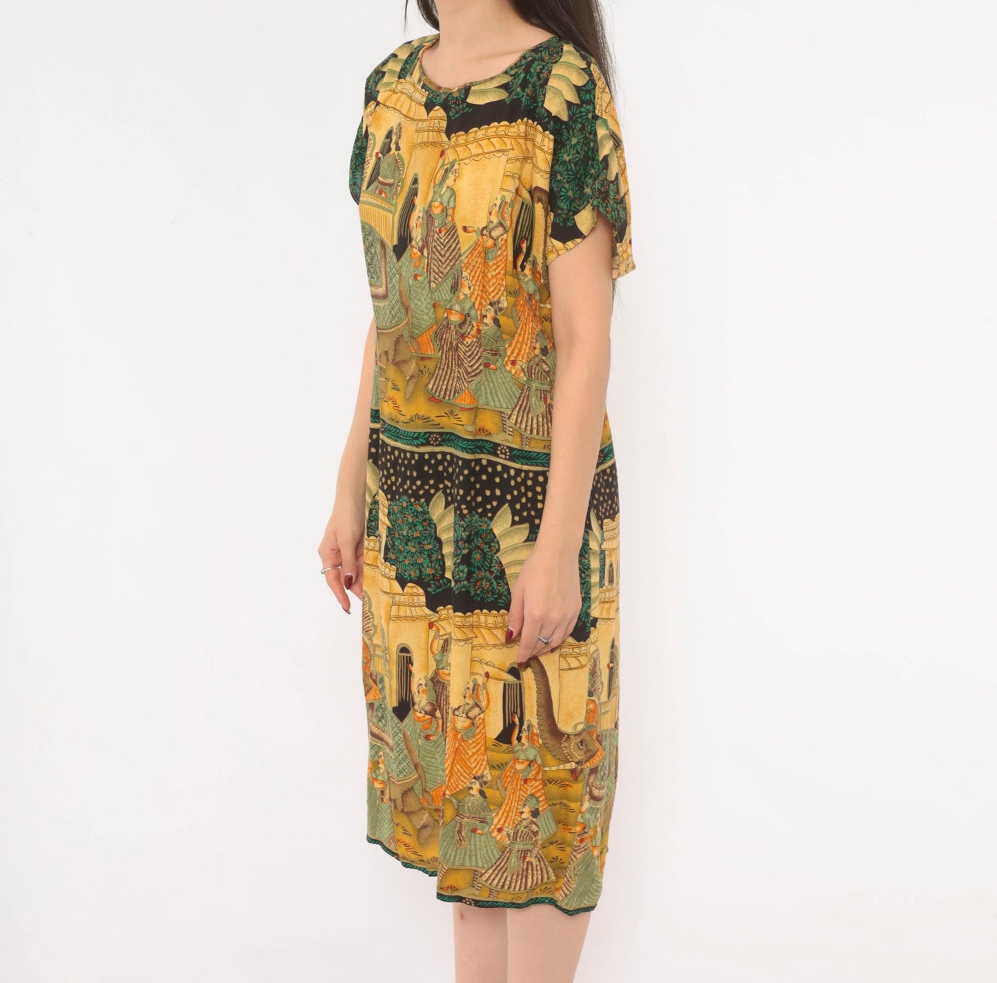 90s Mughal Palace Print Shift Dress Mustard Green Rayon Medium M