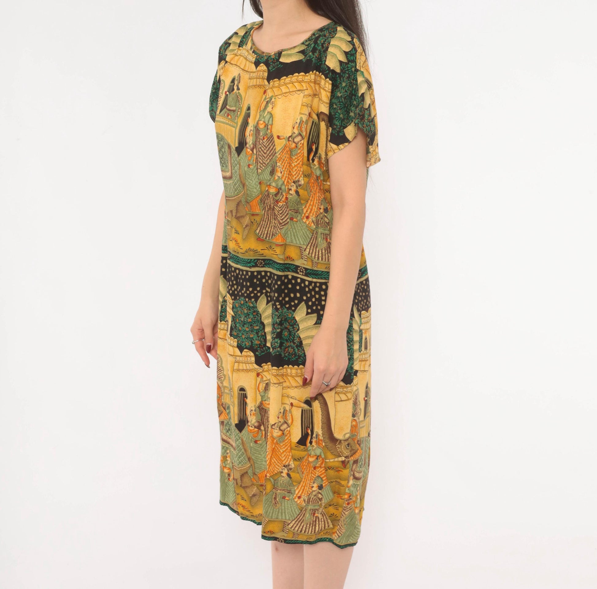 90s Mughal Palace Print Shift Dress Mustard Green Rayon Medium M