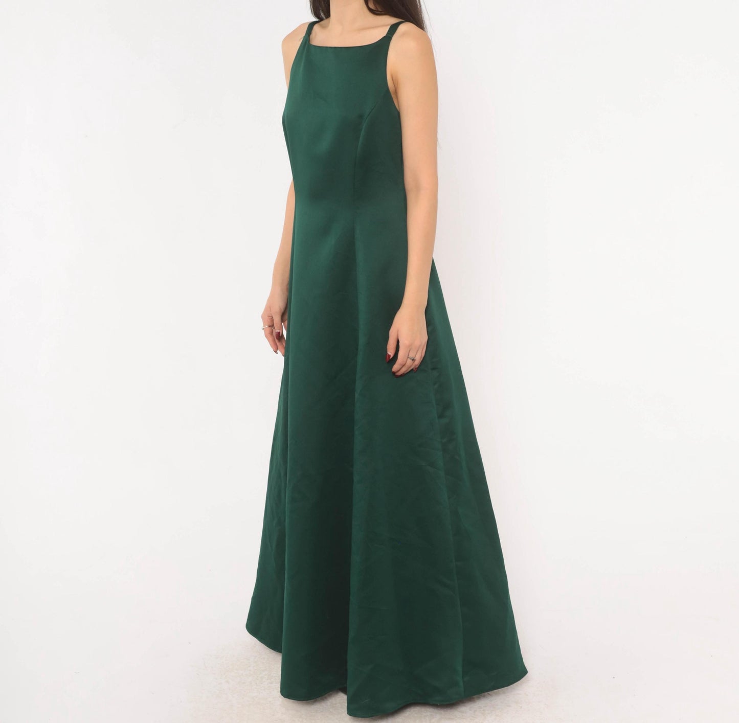 90s Betsy & Adam Emerald Satin Maxi Gown Square Neck A-Line Evening Dress Small
