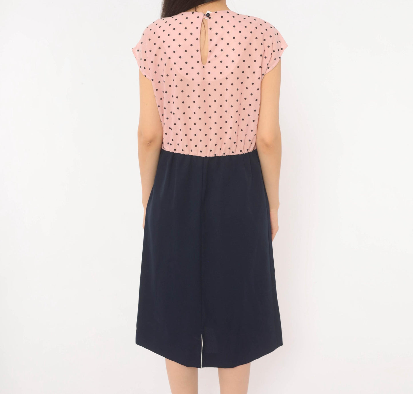 80s Two-Tone Polka Dot Dress Pink Navy Cap Sleeve A-Line Medium M