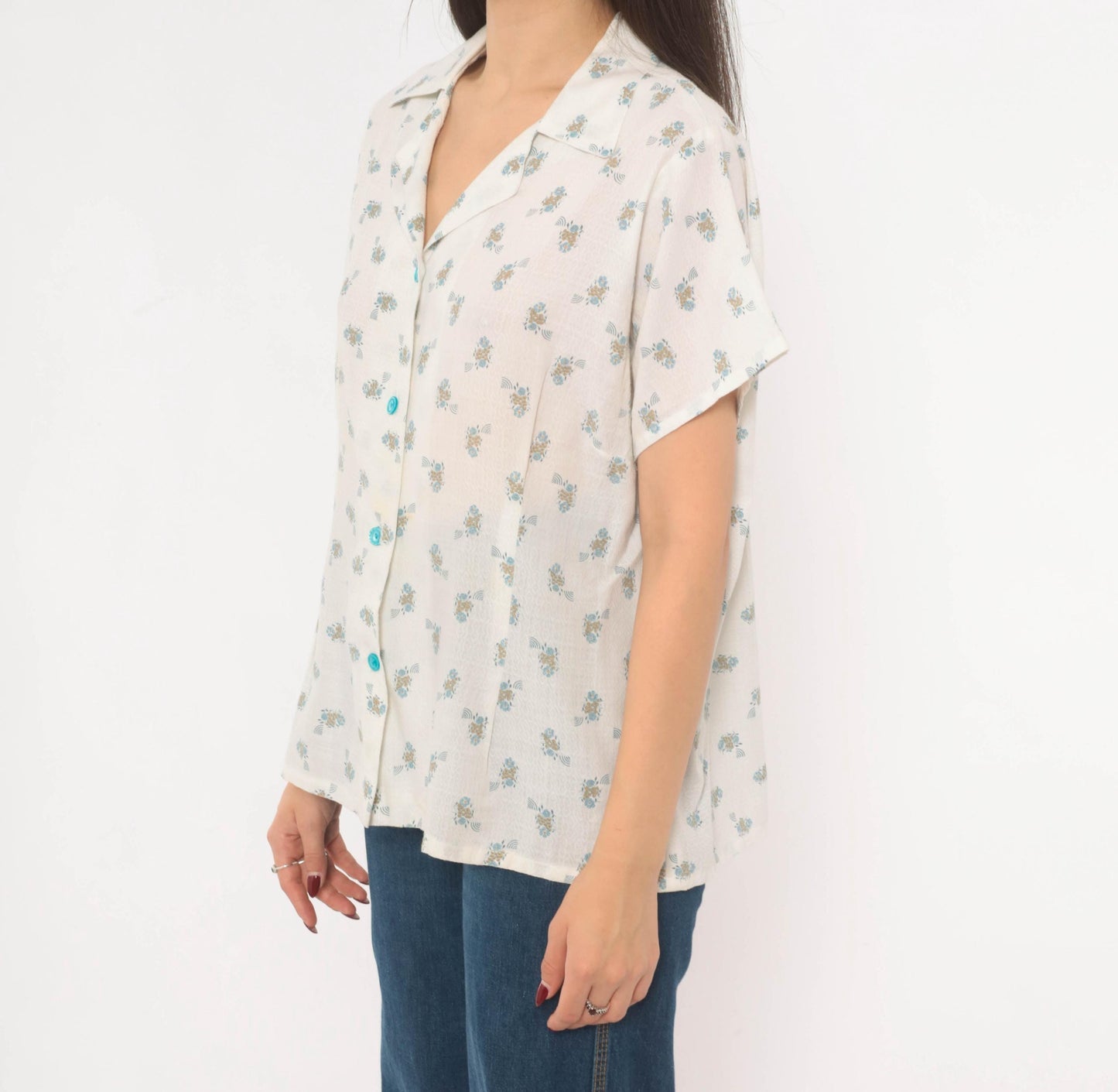 70s White Floral Camp Collar Shirt Cotton Blue Ditsy Print Large L