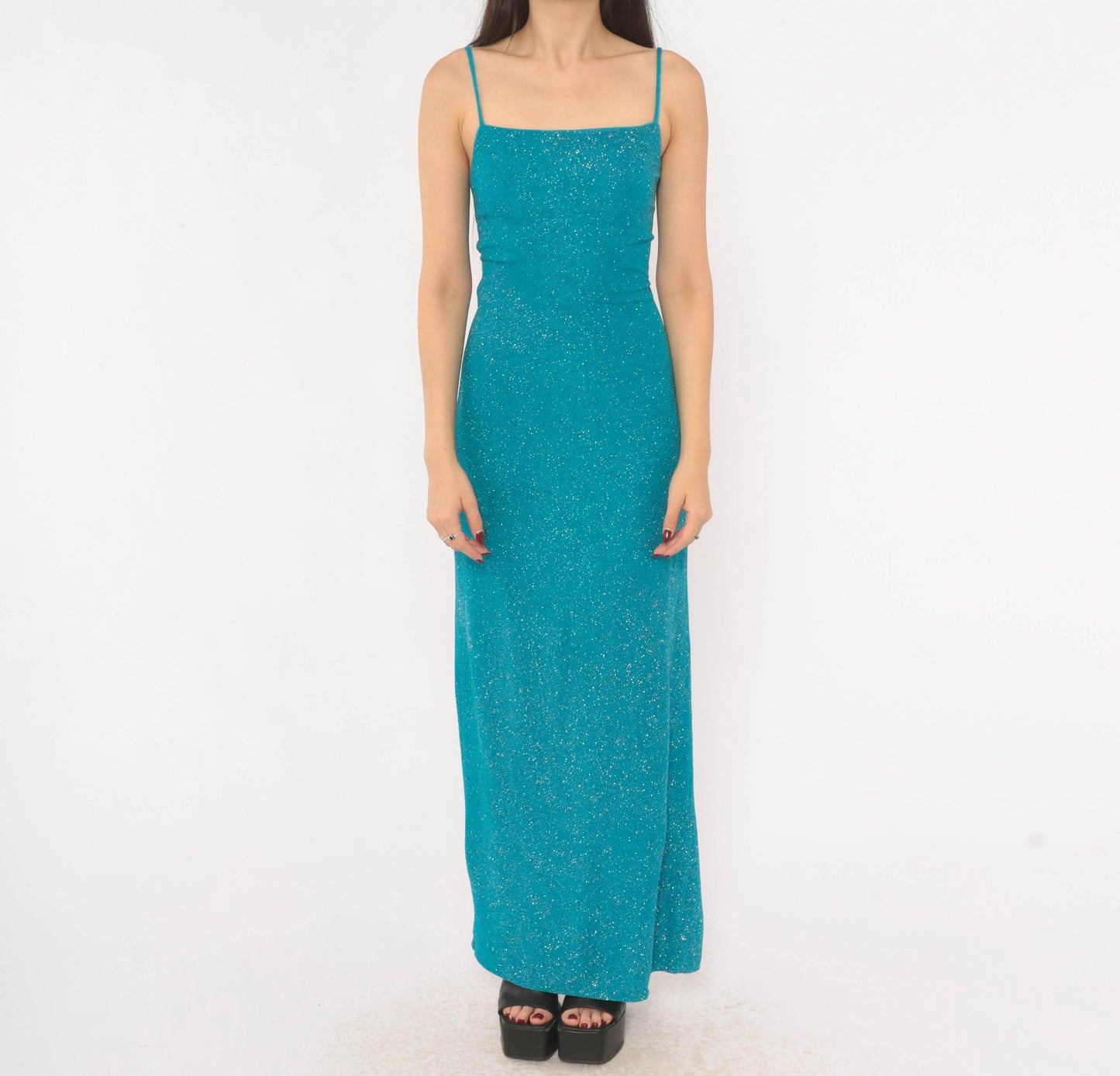 2000s City Triangles Teal Glitter Maxi Dress Lace-Up Back Small