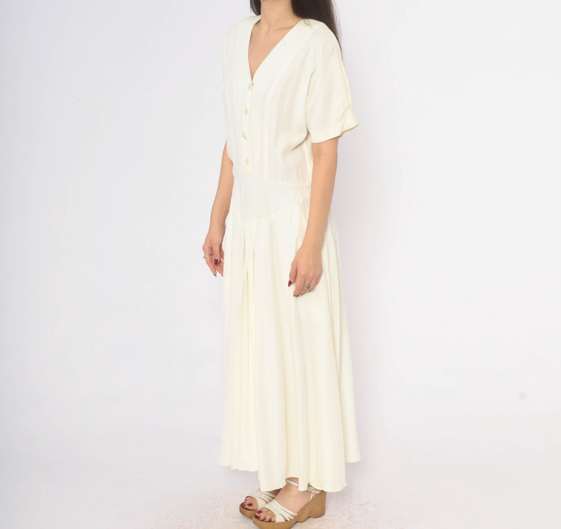 90s E.D. Michaels Cream Button Front Maxi Dress Puff Sleeve Drop Waist Medium M