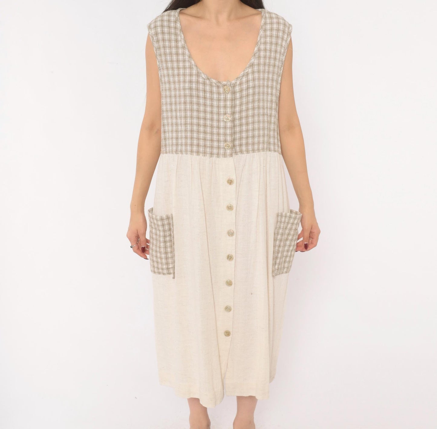 90s Two Twenty Gingham Midi Jumper Dress Tan Cream Cotton Linen Large