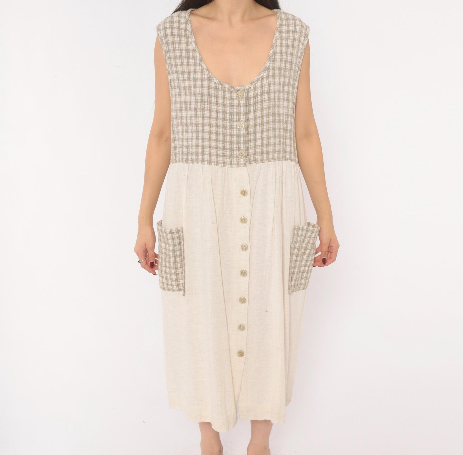 90s Two Twenty Gingham Midi Jumper Dress Tan Cream Cotton Linen Large