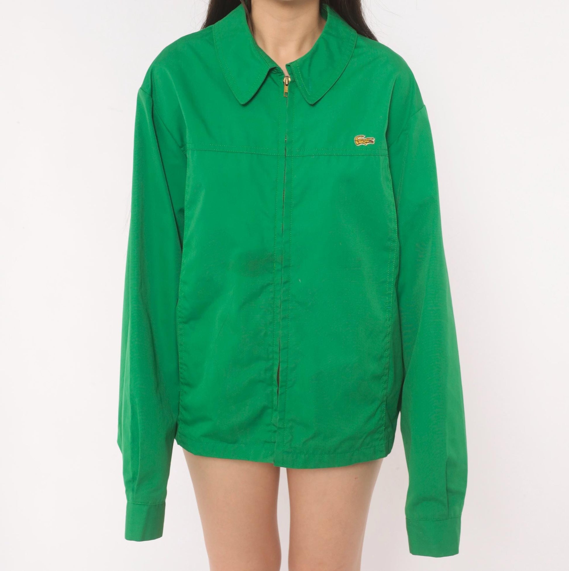 70s Alligator Green Zip Front Windbreaker Cotton Jacket Medium