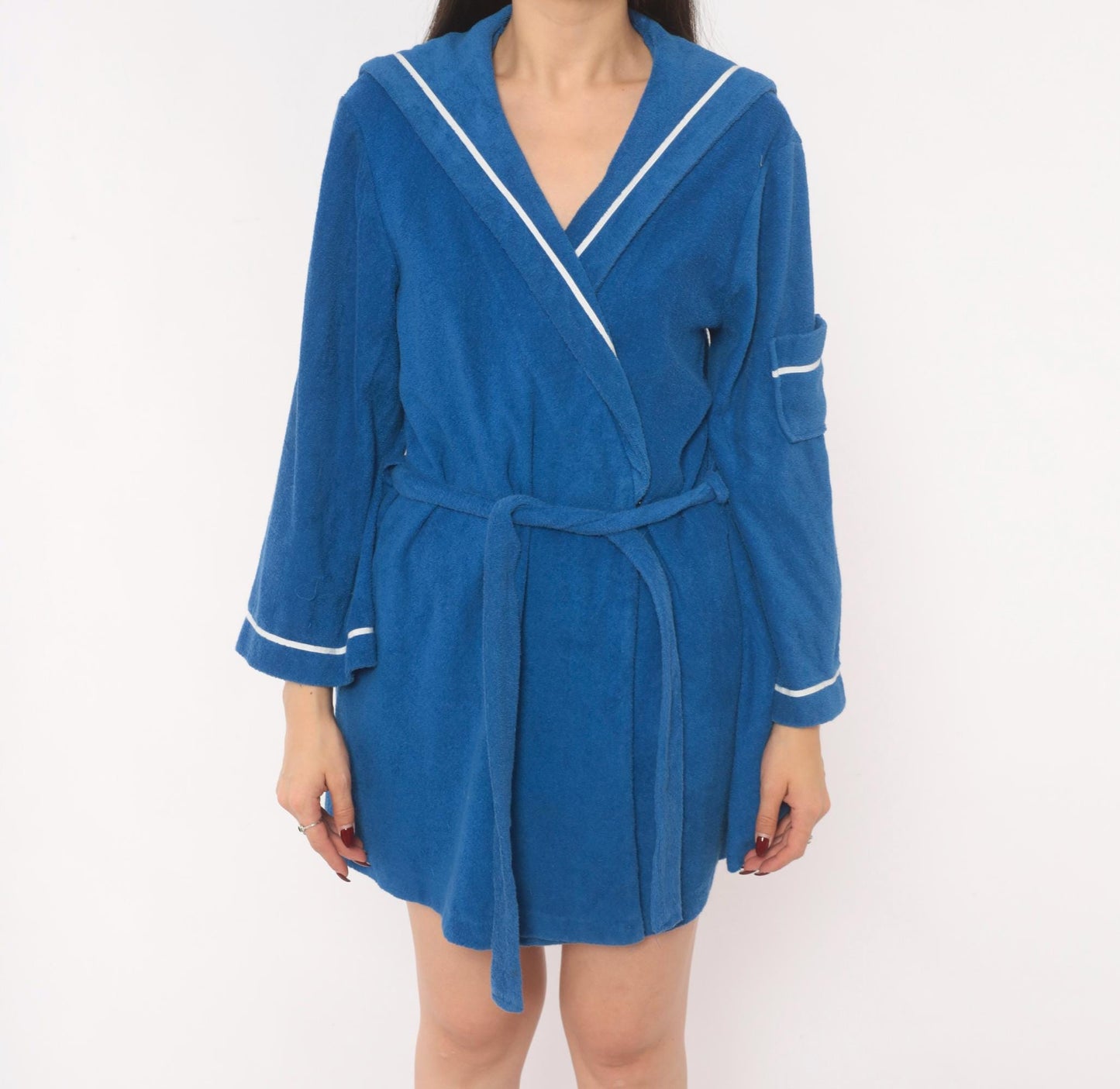70s Deena Blue Terry Cloth Robe Sailor Collar White Piping Mini Medium M