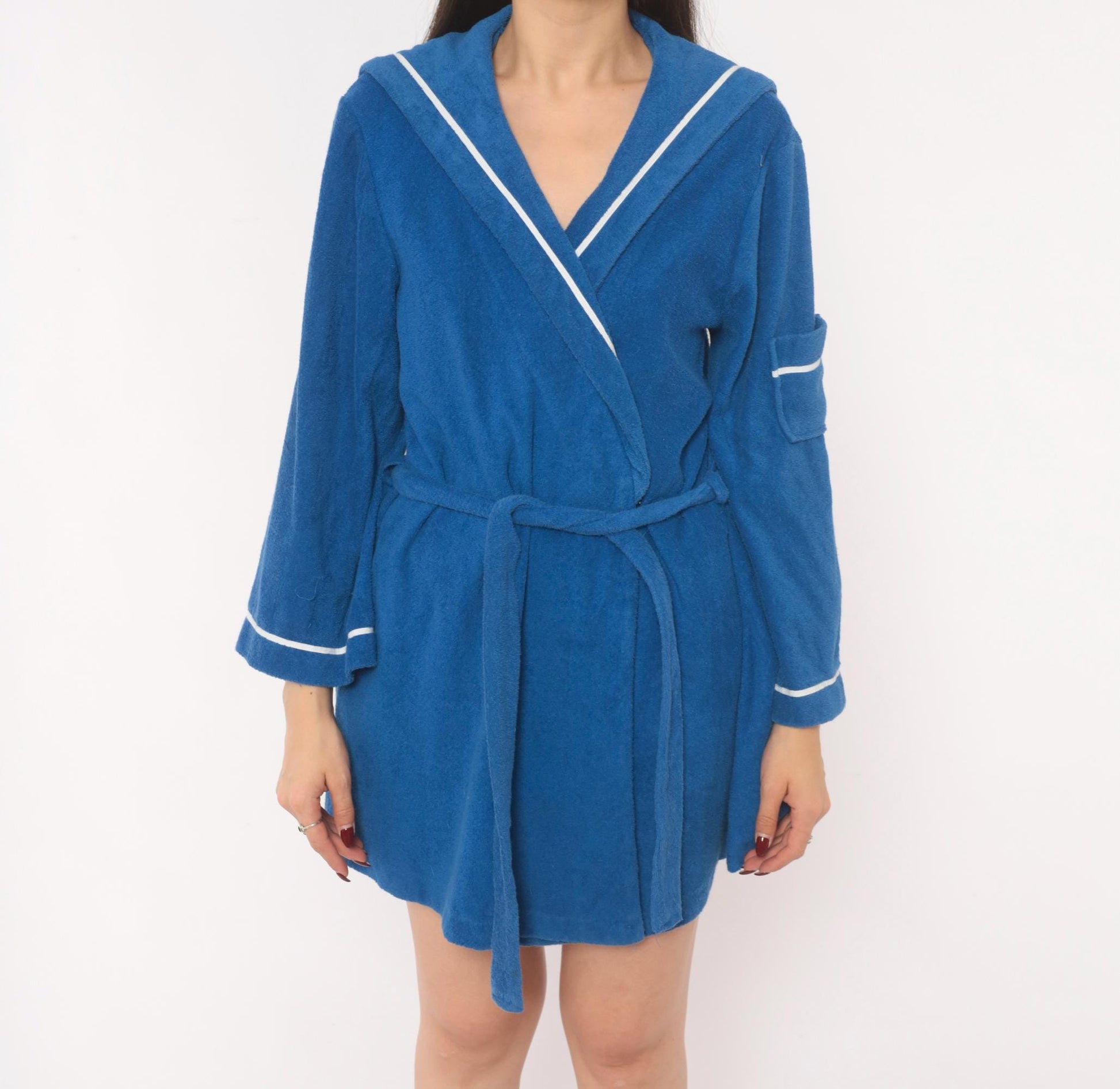 70s Deena Blue Terry Cloth Robe Sailor Collar White Piping Mini Medium M