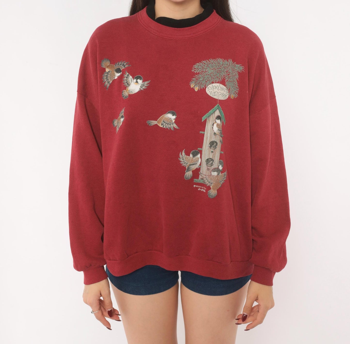 90s Morning Sun Burgundy Bird Birdhouse Crewneck Sweatshirt Cotton Large L