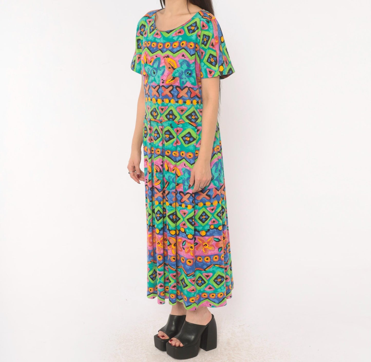 90s Sabino Geometric Tribal Print Maxi Dress Teal Pink Yellow Large L