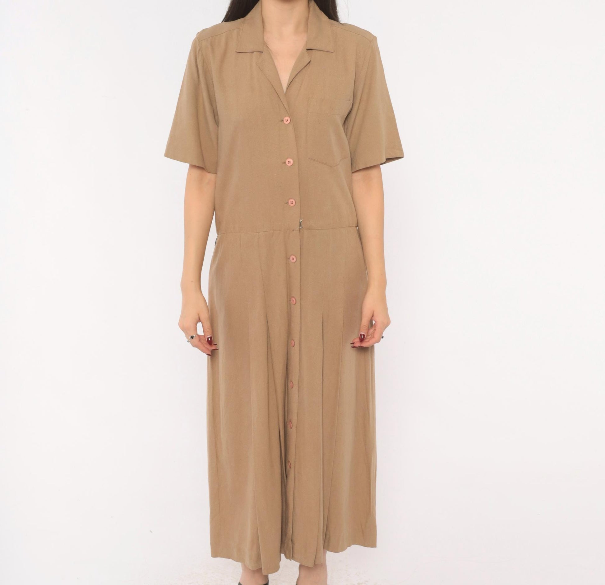 90s Liz Claiborne Silk Maxi Shirt Dress Tan Camp Collar Pleated Medium M